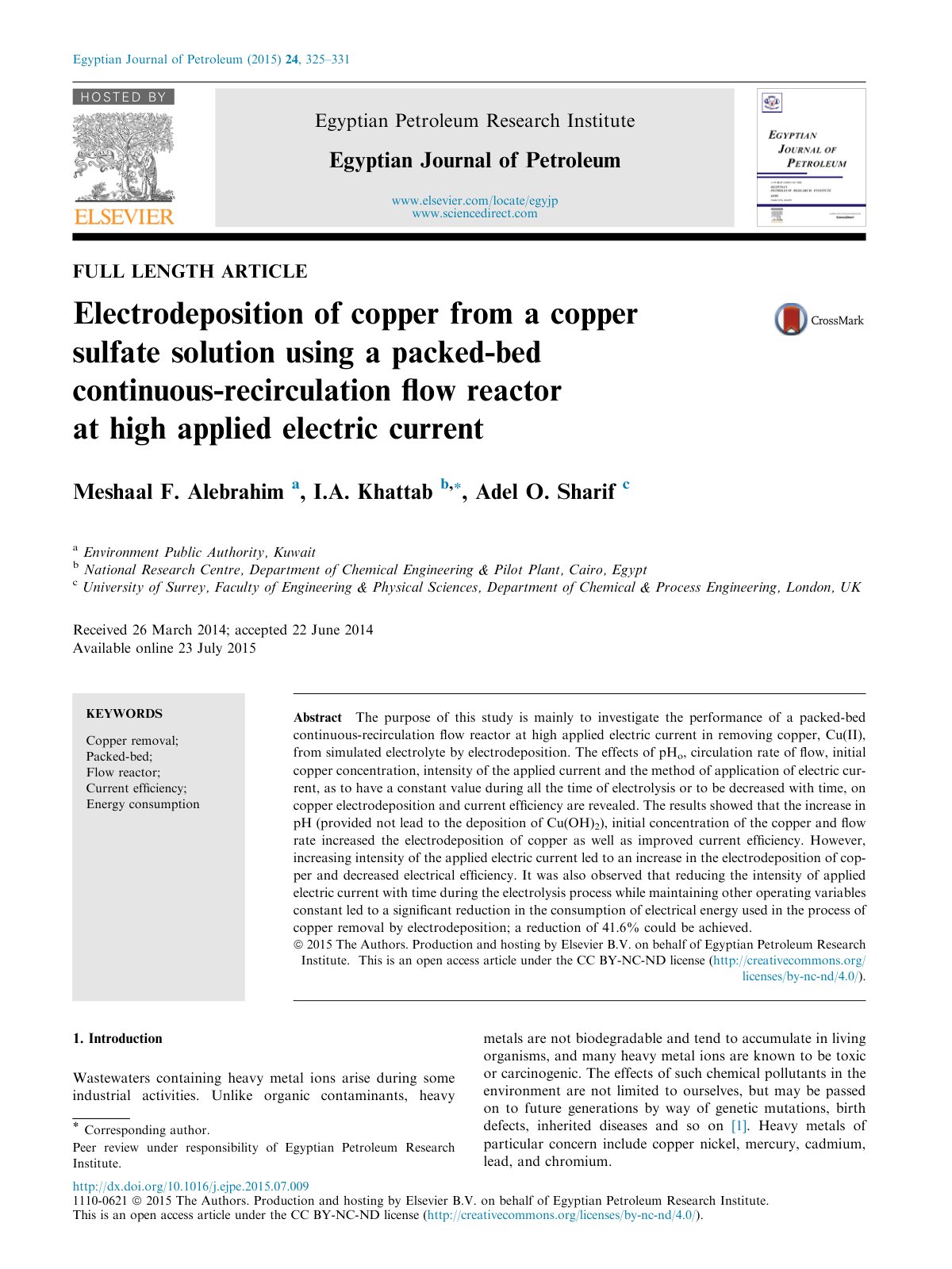 First page of Electrodeposition of copper from a coppe