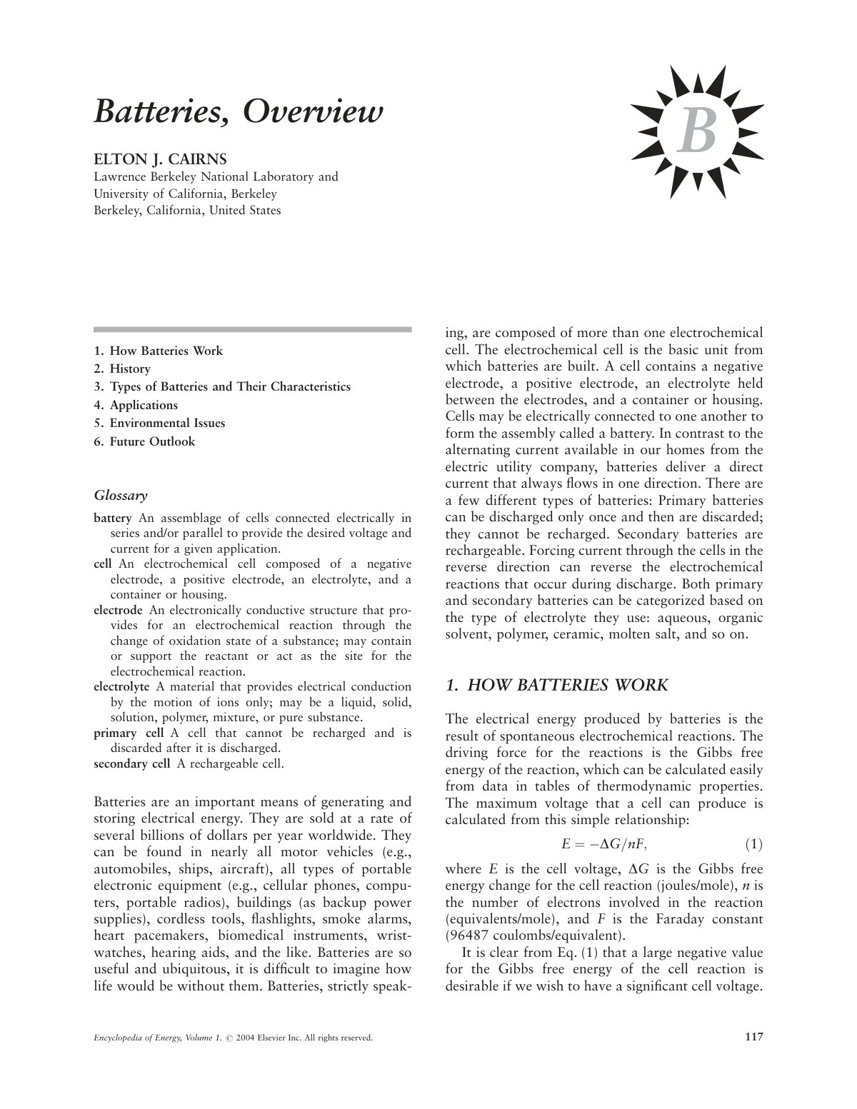 First page of Batteries, Overview