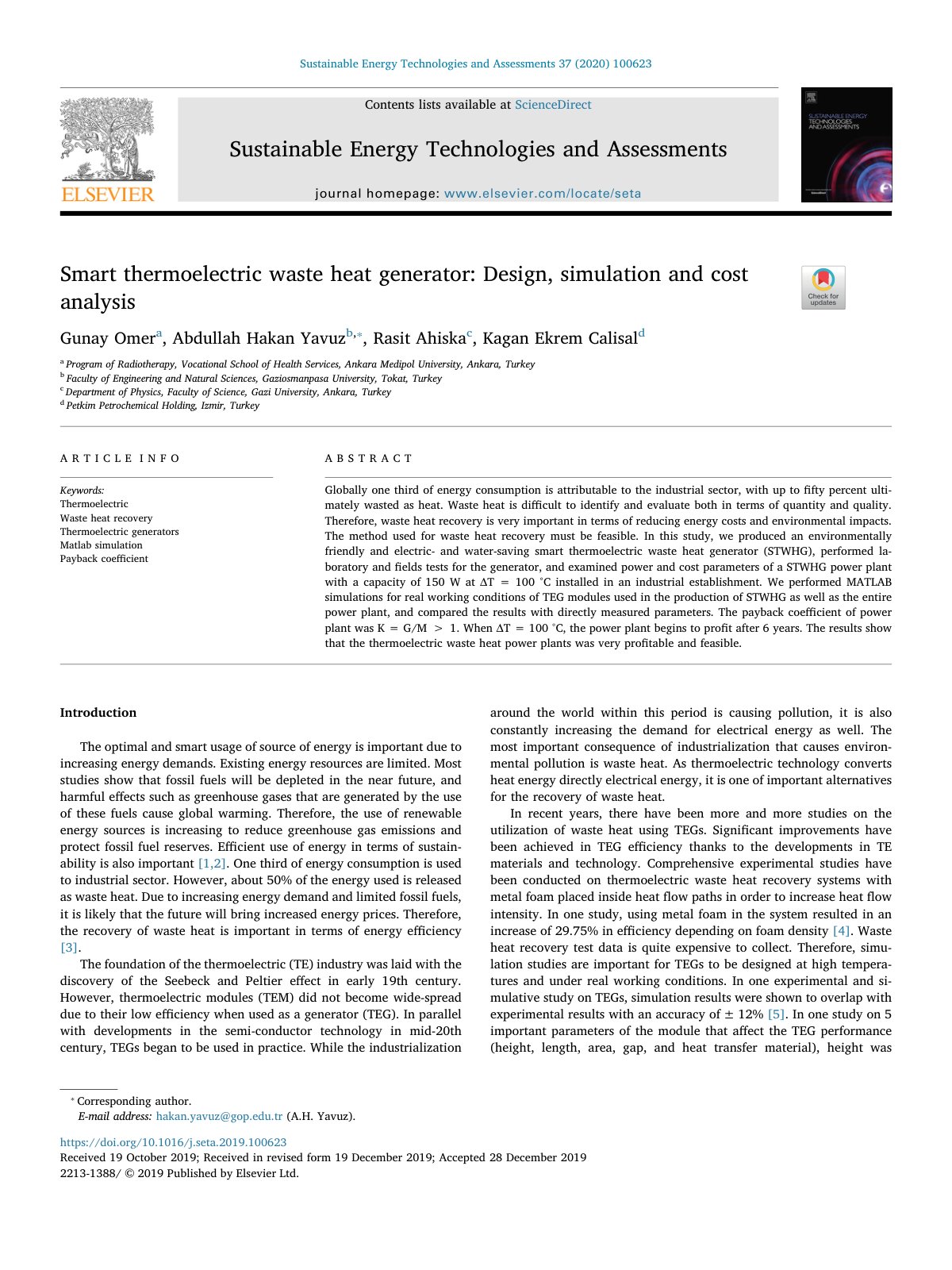 First page of Smart thermoelectric waste heat generato