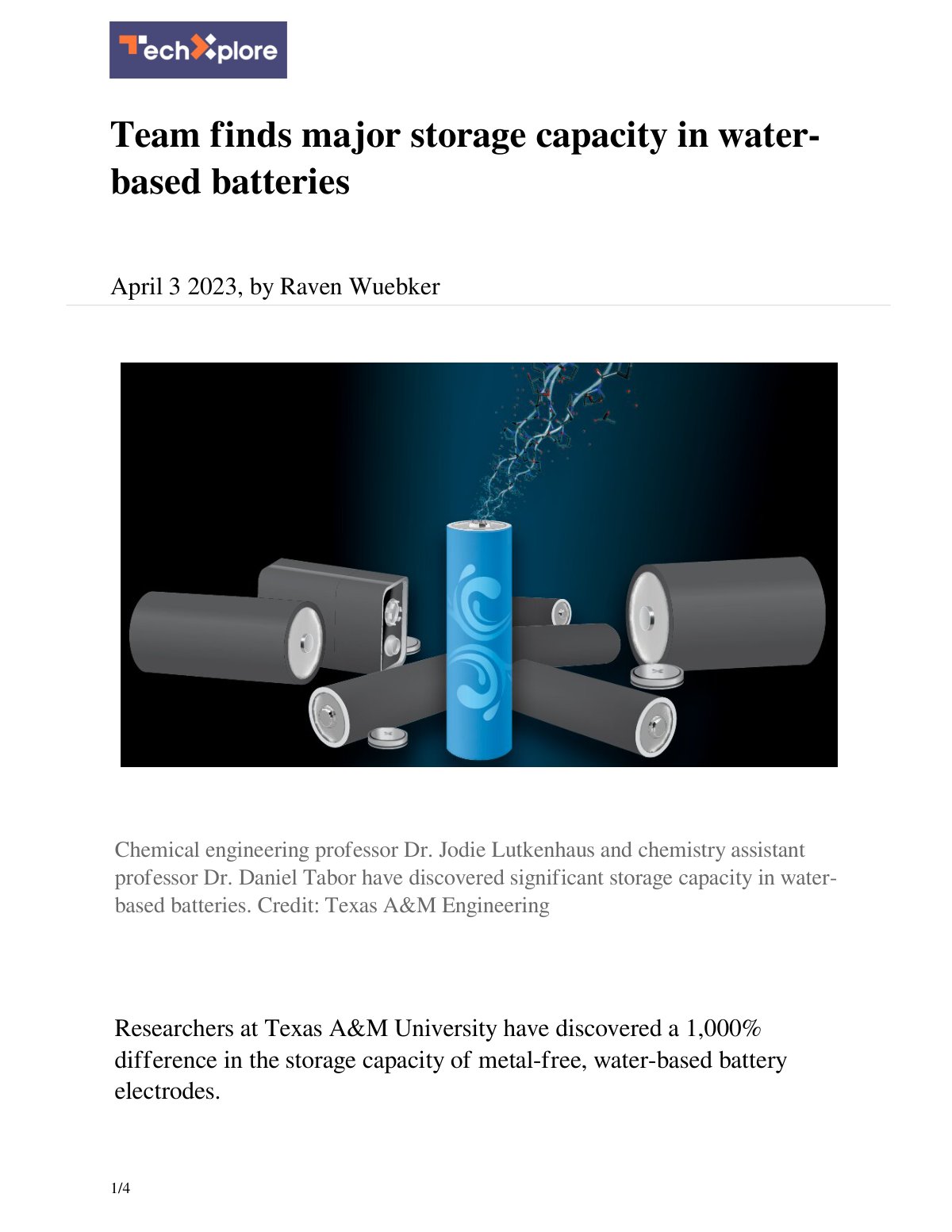 First page of Team finds major storage capacity in water-based batteries