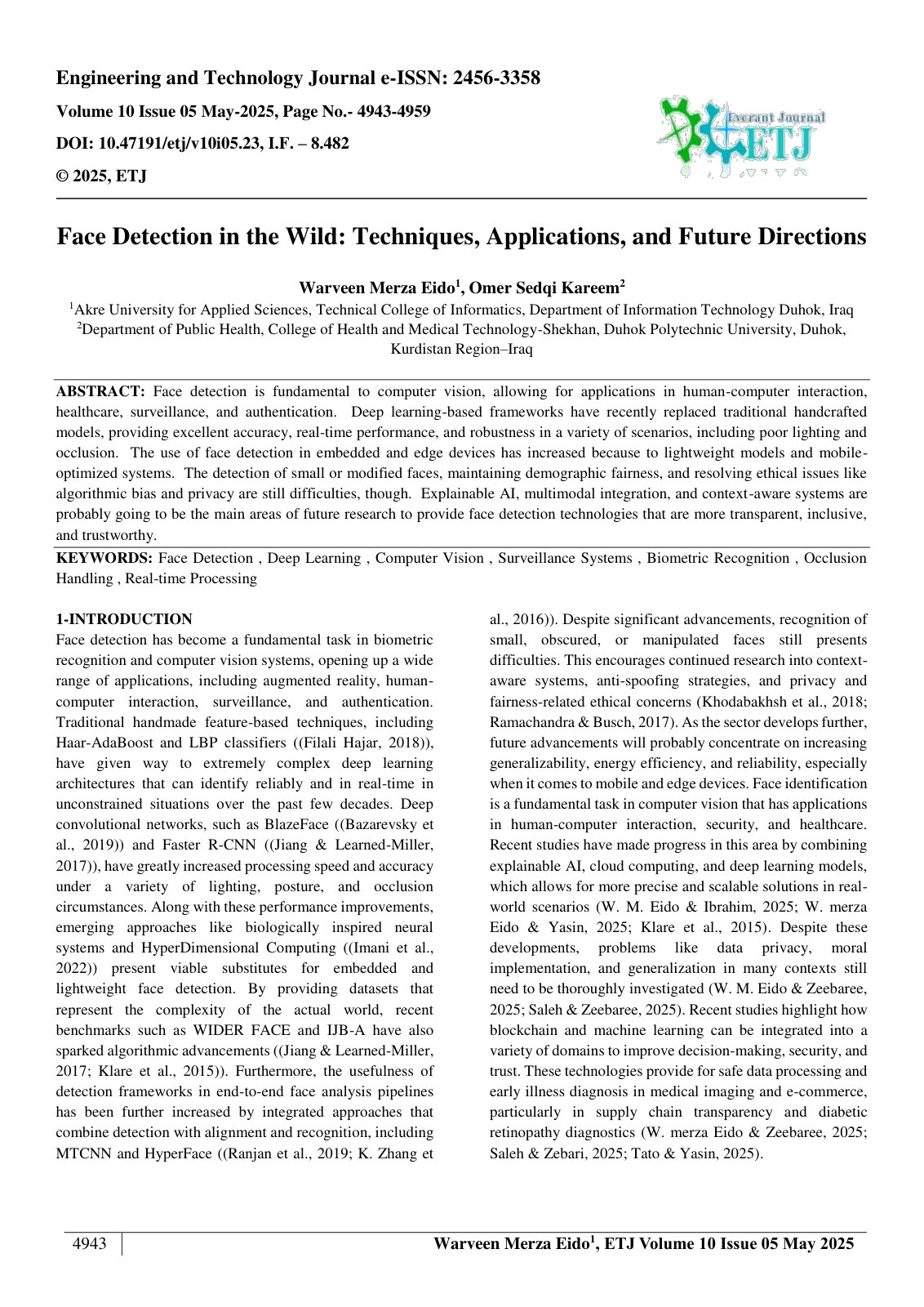First page of Face Detection in the Wild: Techniques, Applications, and Future Directions 