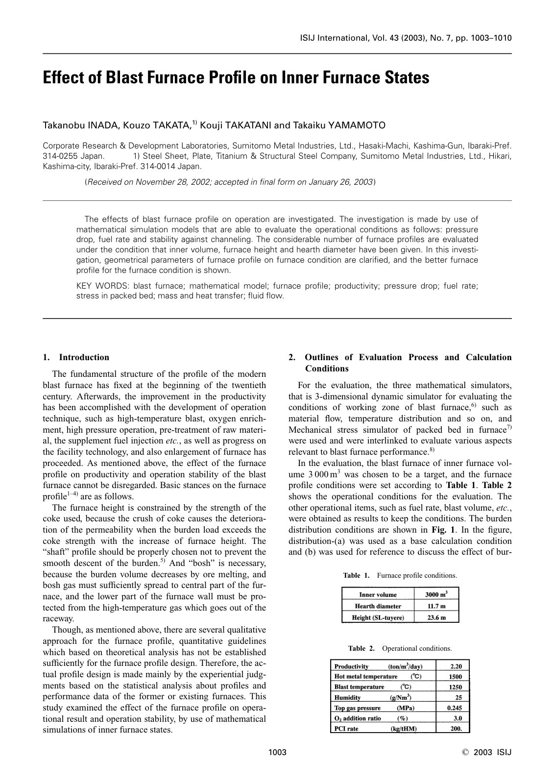 First page of 2003 Takanobu Inada Effect of Blast Furnace Profile on Inner Furnace States isijinternational.43.1003