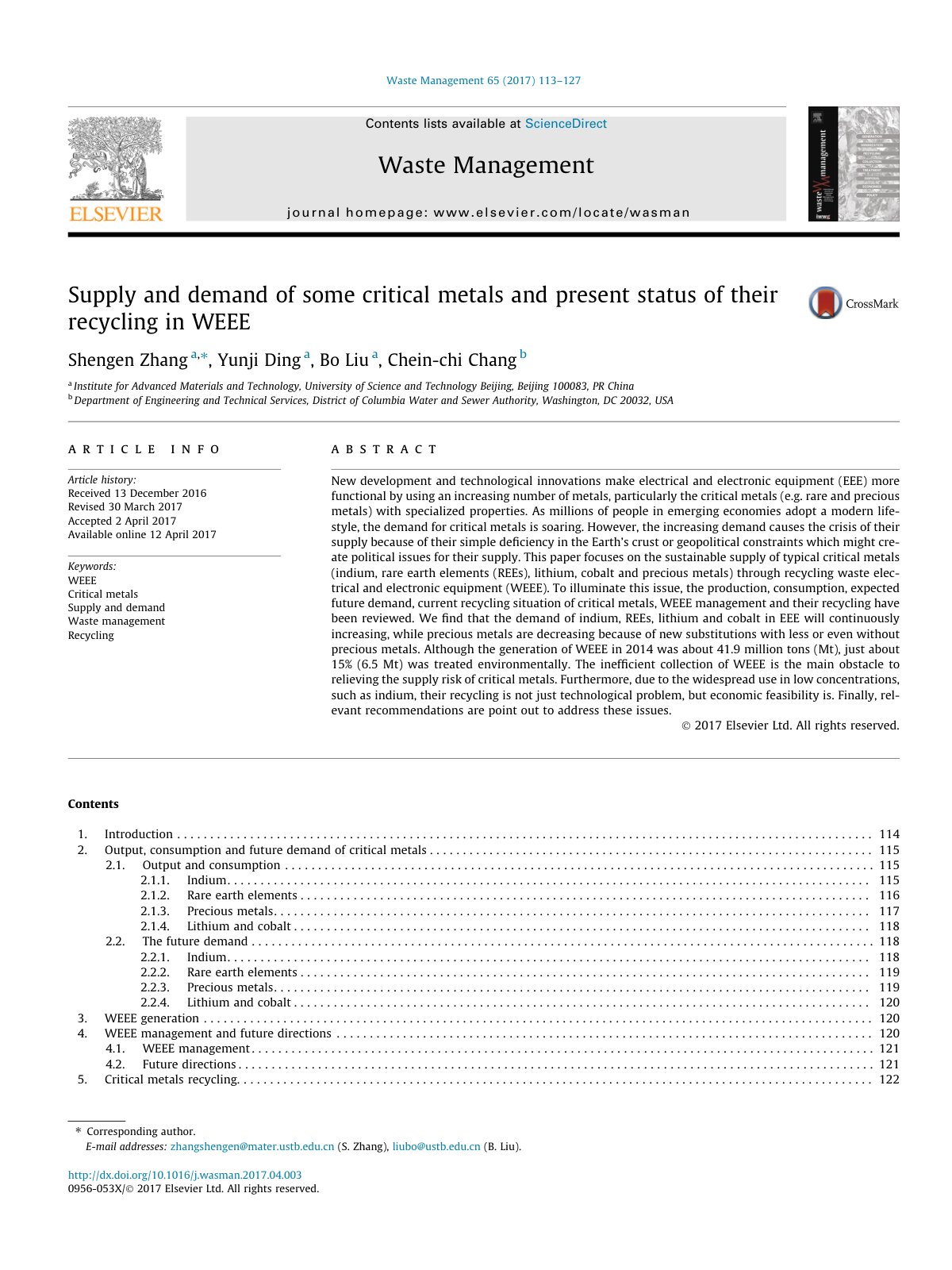First page of Supply and demand of some critical metals and present status 2017 Waste Mana