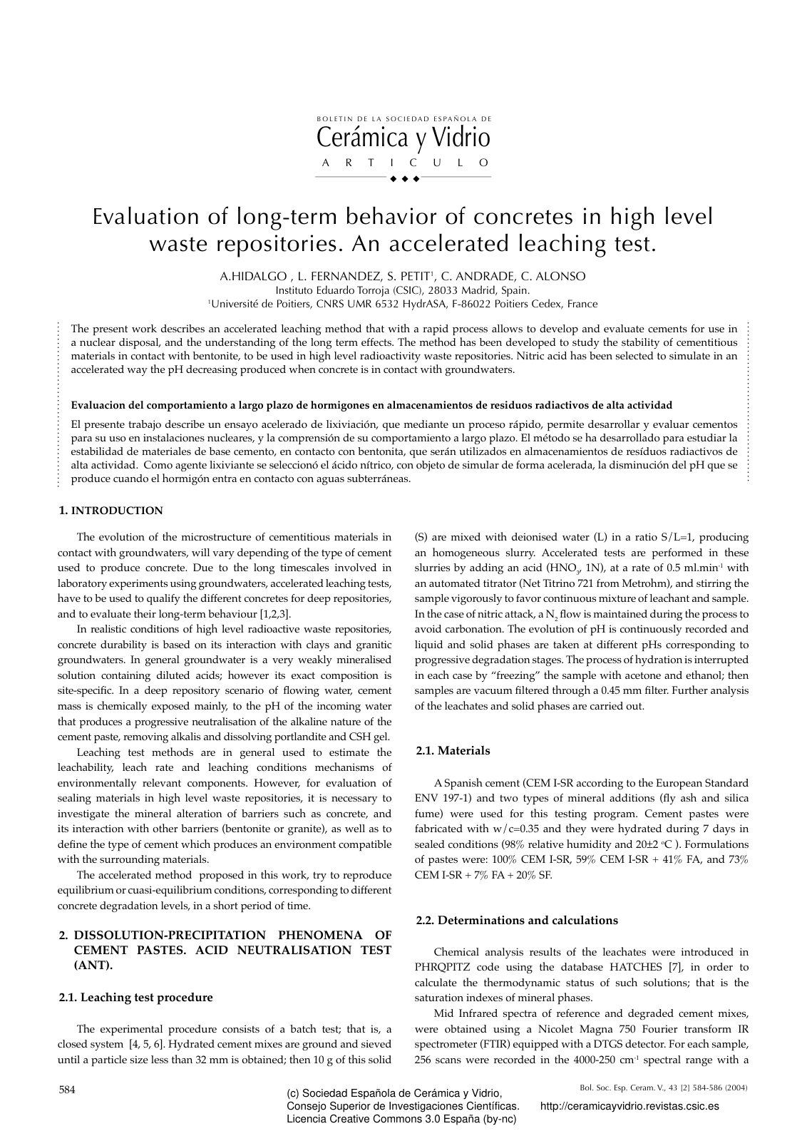 First page of Evaluacion del comportamiento a largo plazo de hormigones en almacenamientos de residuos radiactivos de alta actividad