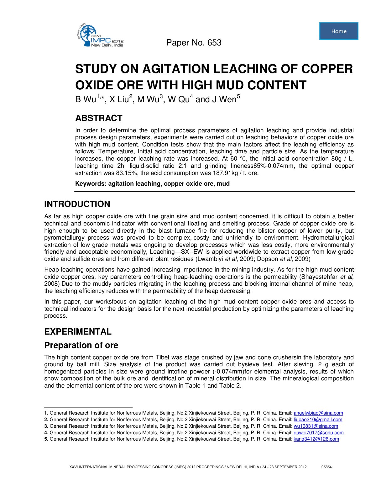 First page of STUDY ON AGITATION LEACHING OF COPPER OXIDE ORE WITH HIGH MUD CONTENT