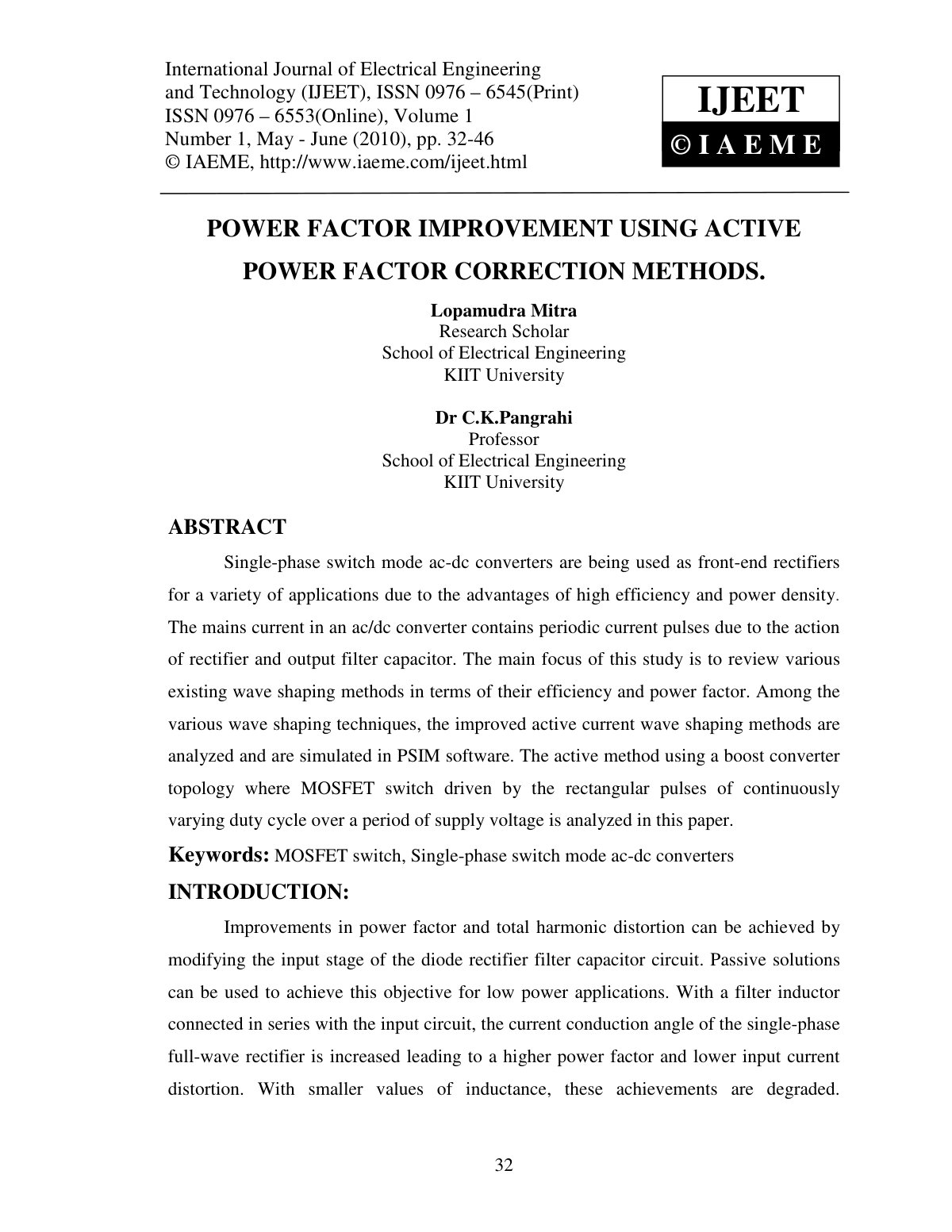 First page of POWER FACTOR IMPROVEMENT USING ACTIVE PO