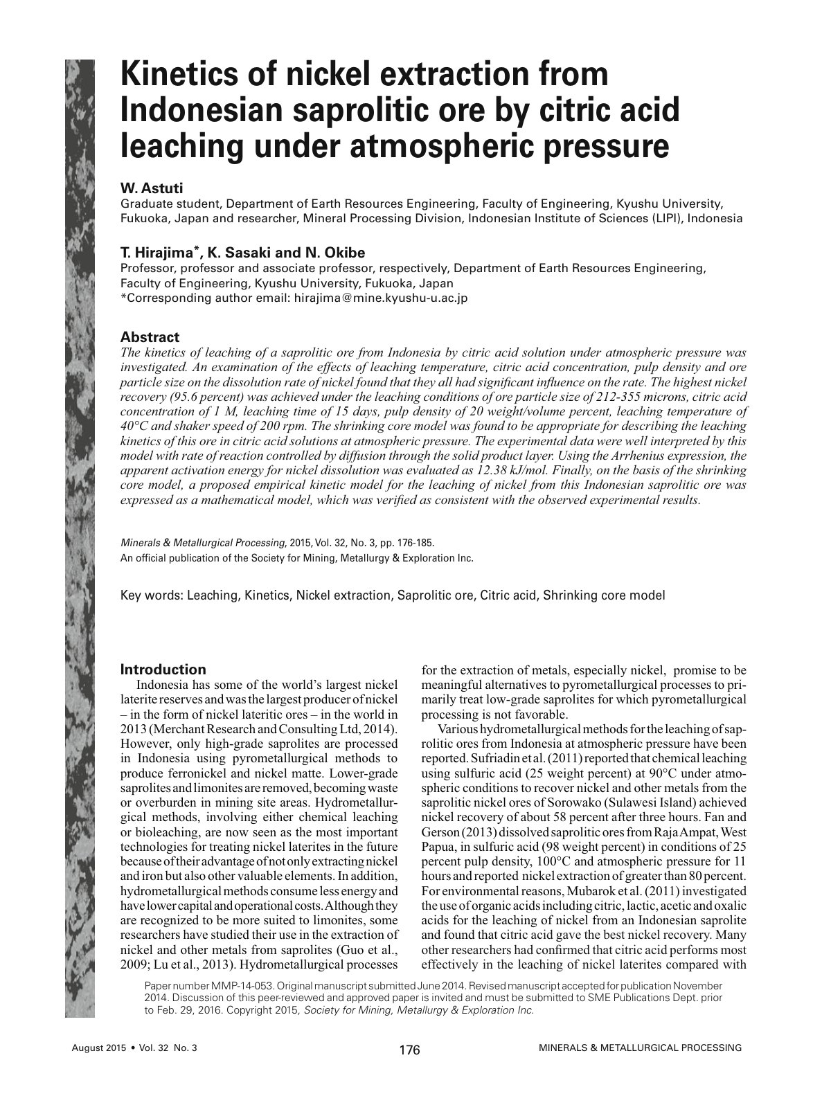First page of Kinetics of nickel extraction from Indonesian saprolitic ore by citric acid leaching under atmospheric pressure