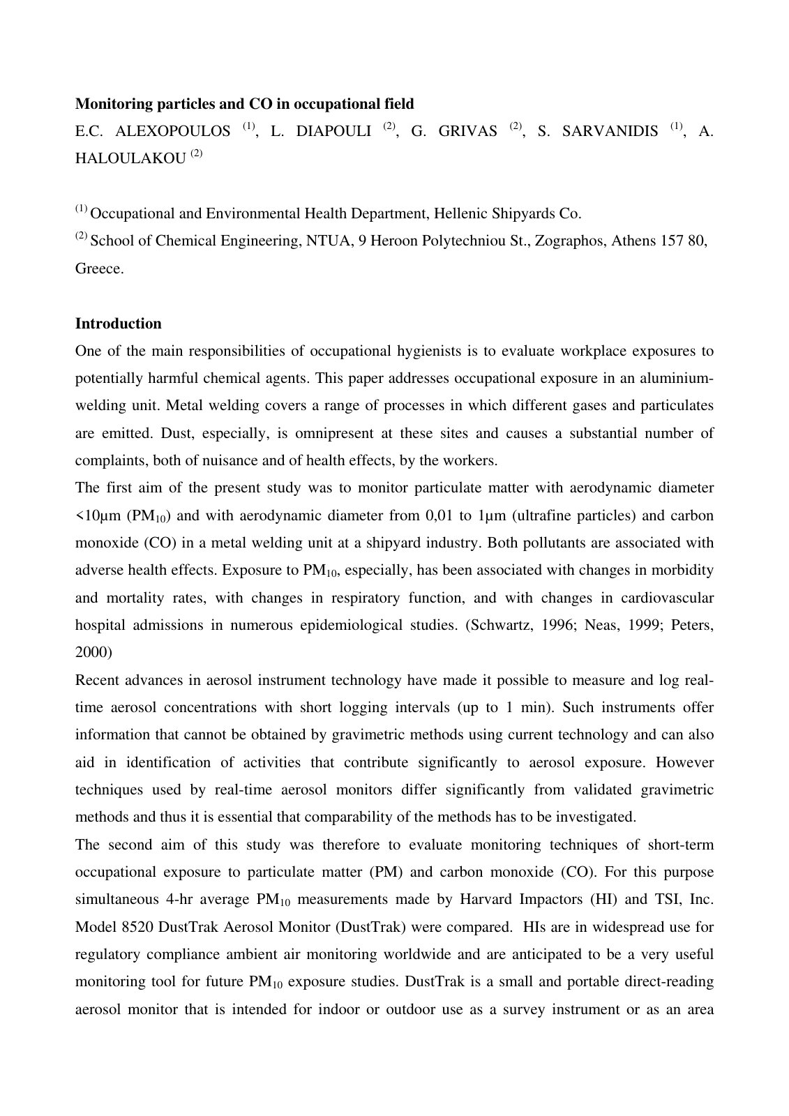 First page of Monitoring particles and CO in occupational field