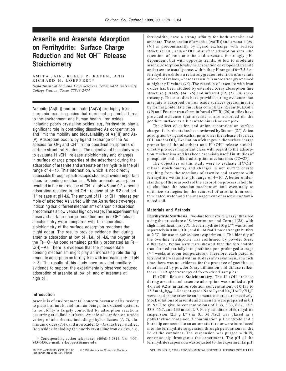 First page of Arsenite and Arsenate Adsorption on Ferr