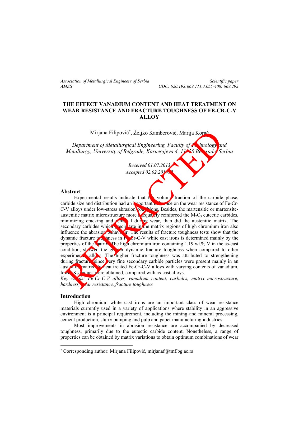 First page of THE EFFECT VANADIUM CONTENT AND HEAT TREATMENT ON WEAR RESISTANCE AND FRACTURE TOUGHNESS OF FE-CR-C-V ALLOY