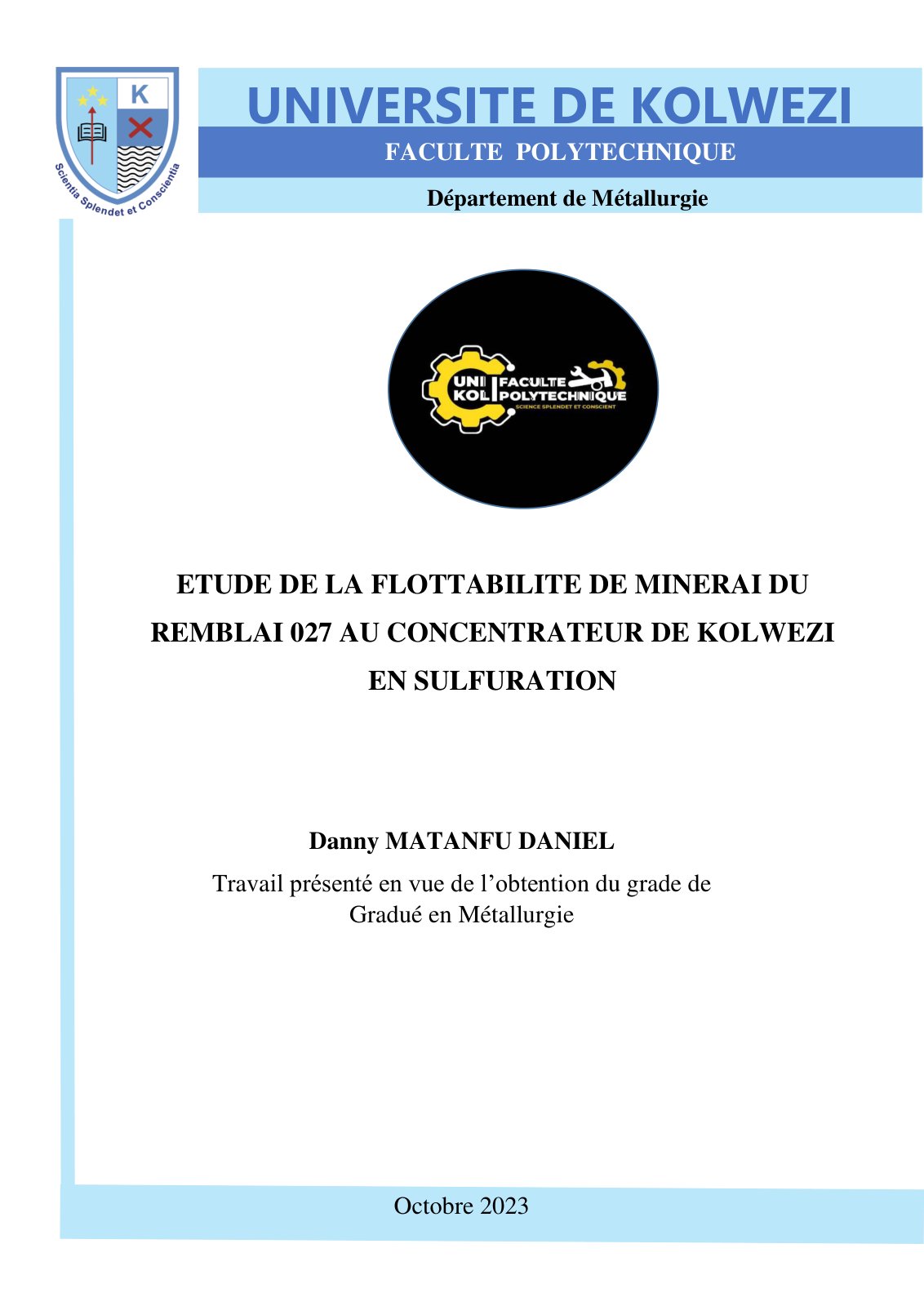 First page of ETUDE DE LA FLOTTABILITE DE MINERAI DU REMBLAI 027 AU CONCENTRATEUR DE KOLWEZI EN SULFURATION
