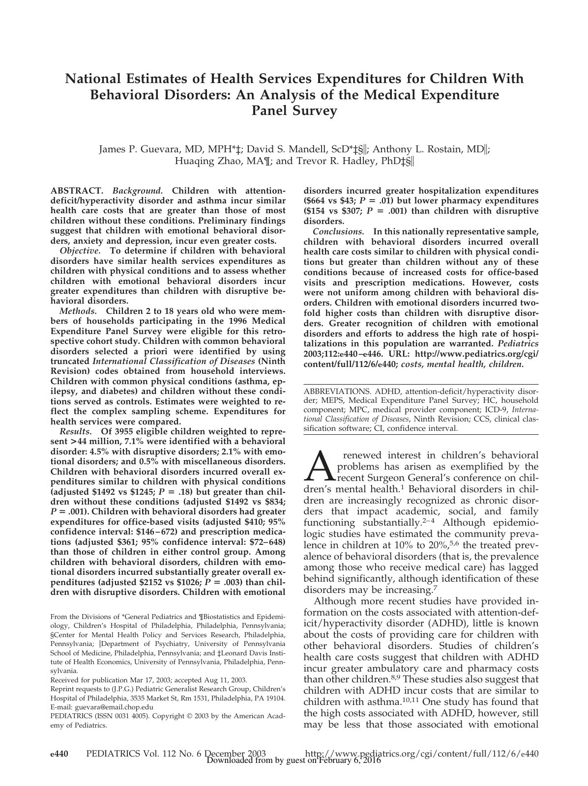 First page of National Estimates of Health Services Ex