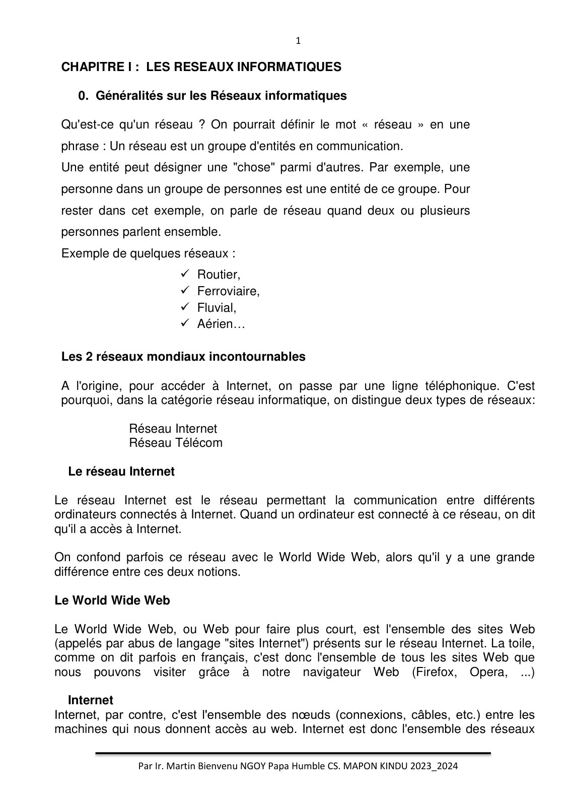 First page of COURS INFORMATIQUE 4e SC
