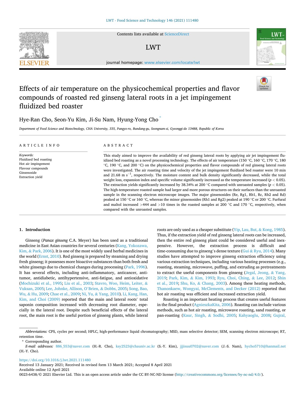 First page of Effects of air temperature on the physicochemical properties and flavor compounds of roasted red ginseng lateral roots in a jet impingement fluidized bed roaster