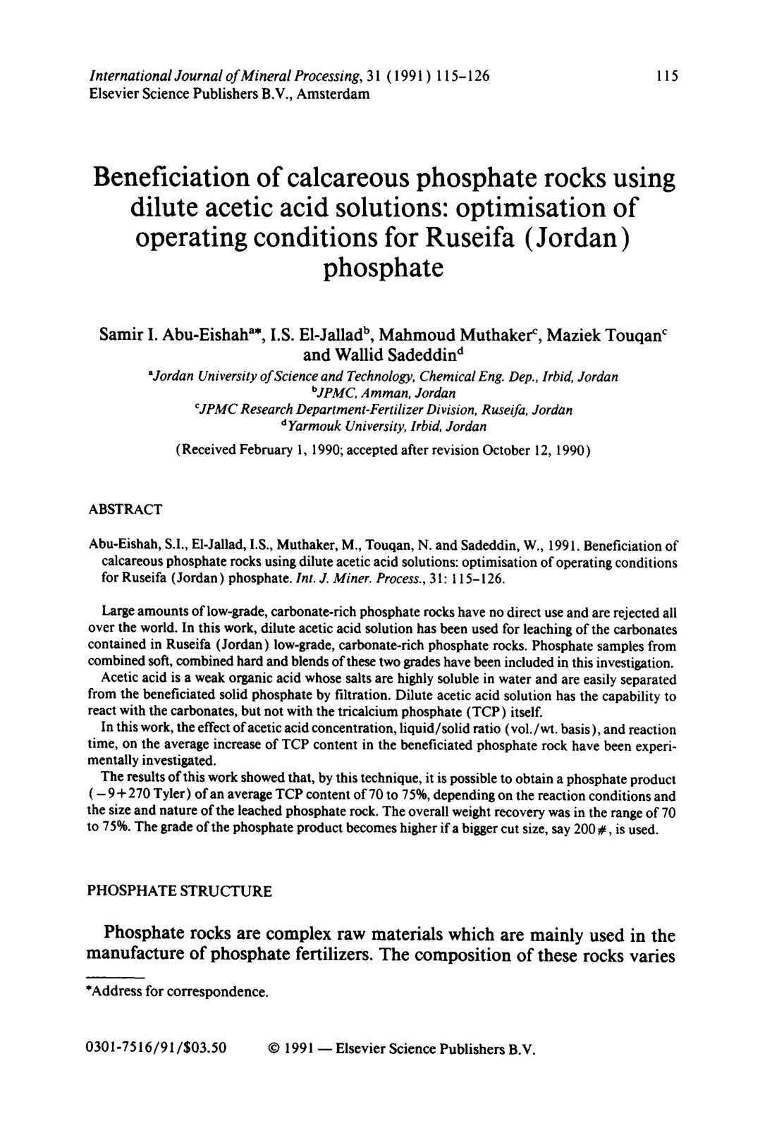 First page of Beneficiation of calcareous phosphate ro