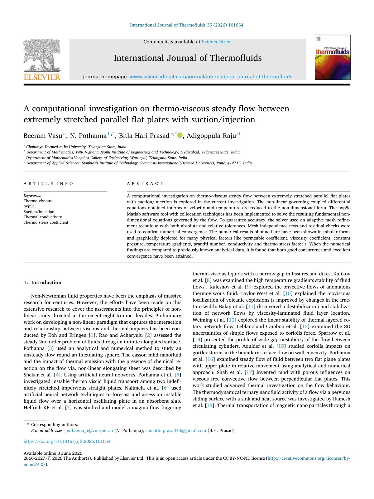 First page of A computational investigation on thermo-viscous steady flow between extremely stretched parallel flat plates with suction/injection