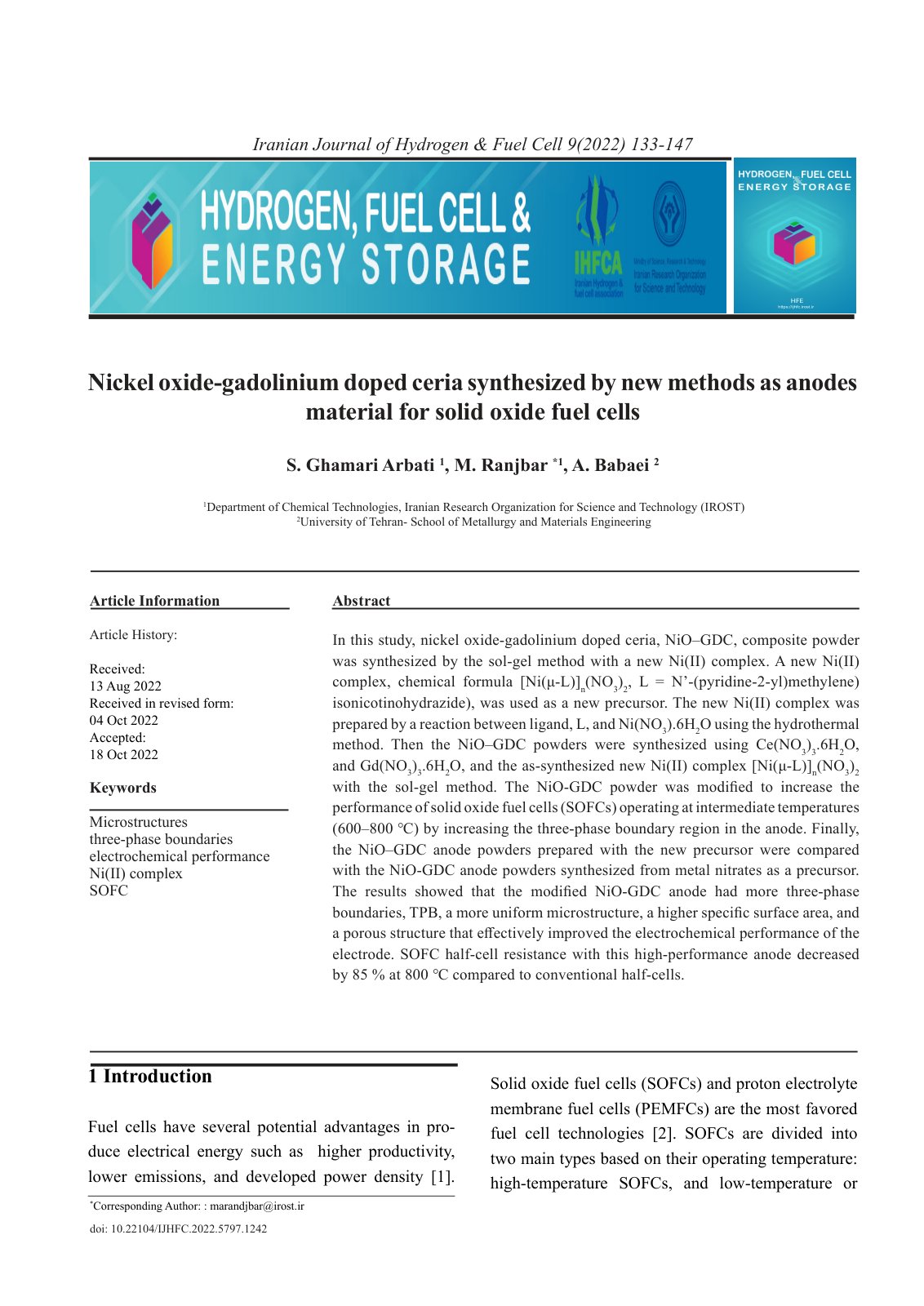 First page of Nickel oxide-gadolinium doped ceria synthesized by new methods as anodes material for solid oxide fuel cells