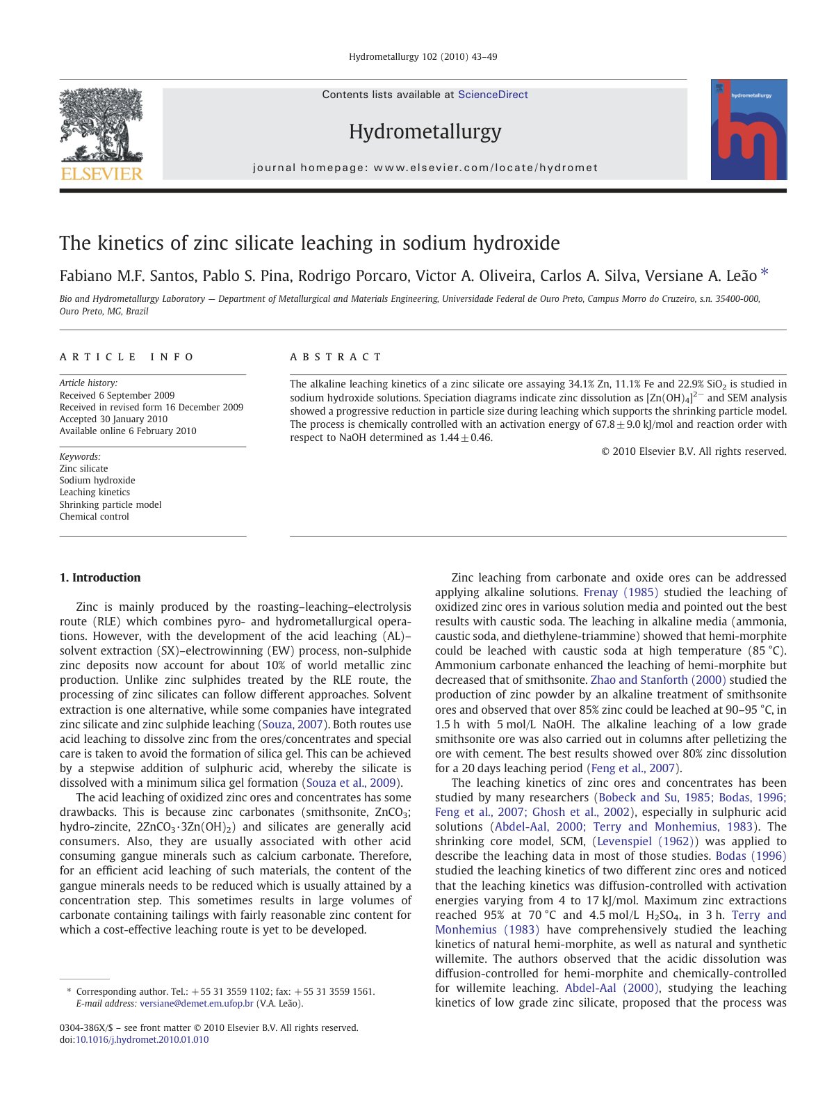 First page of The kinetics of zinc silicate leaching in sodium hydroxide