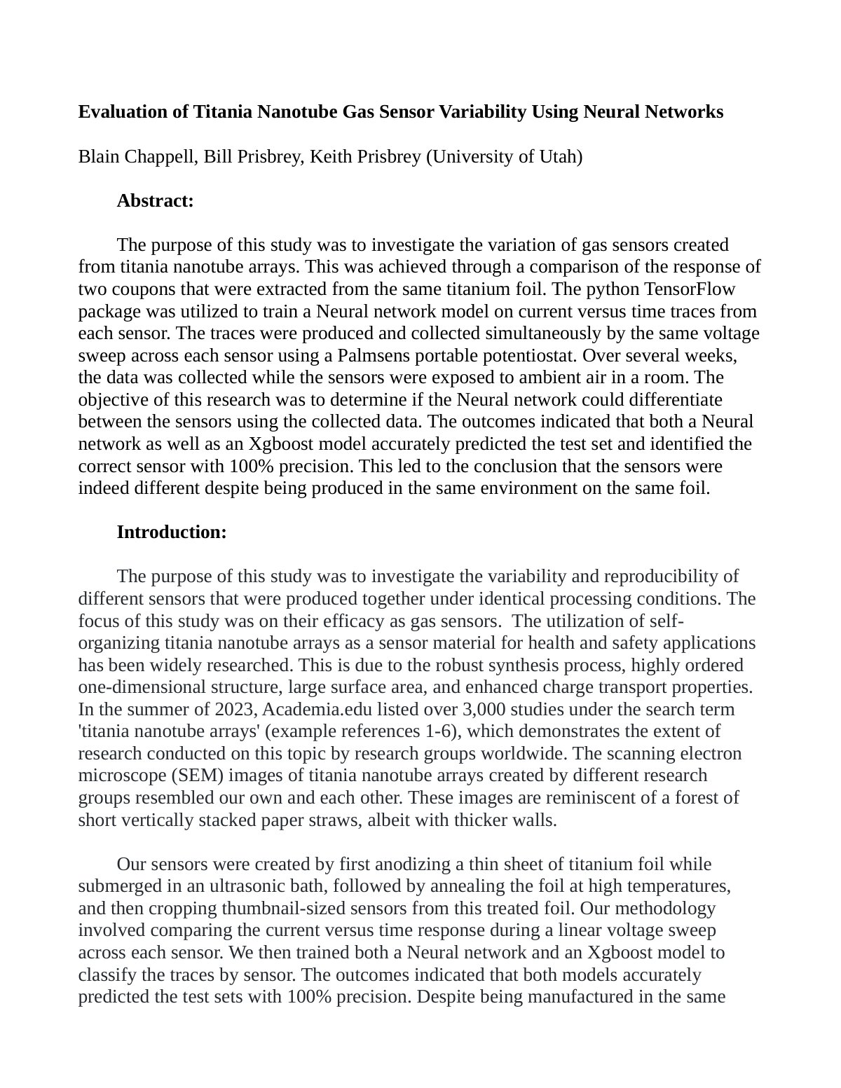 First page of Evaluation of Titania Nanotube Gas Senso