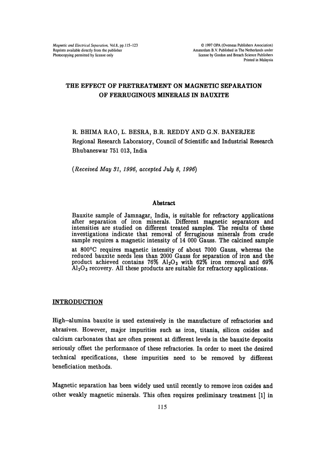 First page of THE EFFECT OF PRETREATMENT ON MAGNETIC SEPARATION OF FERRUGINOUS MINERALS IN BAUXITE