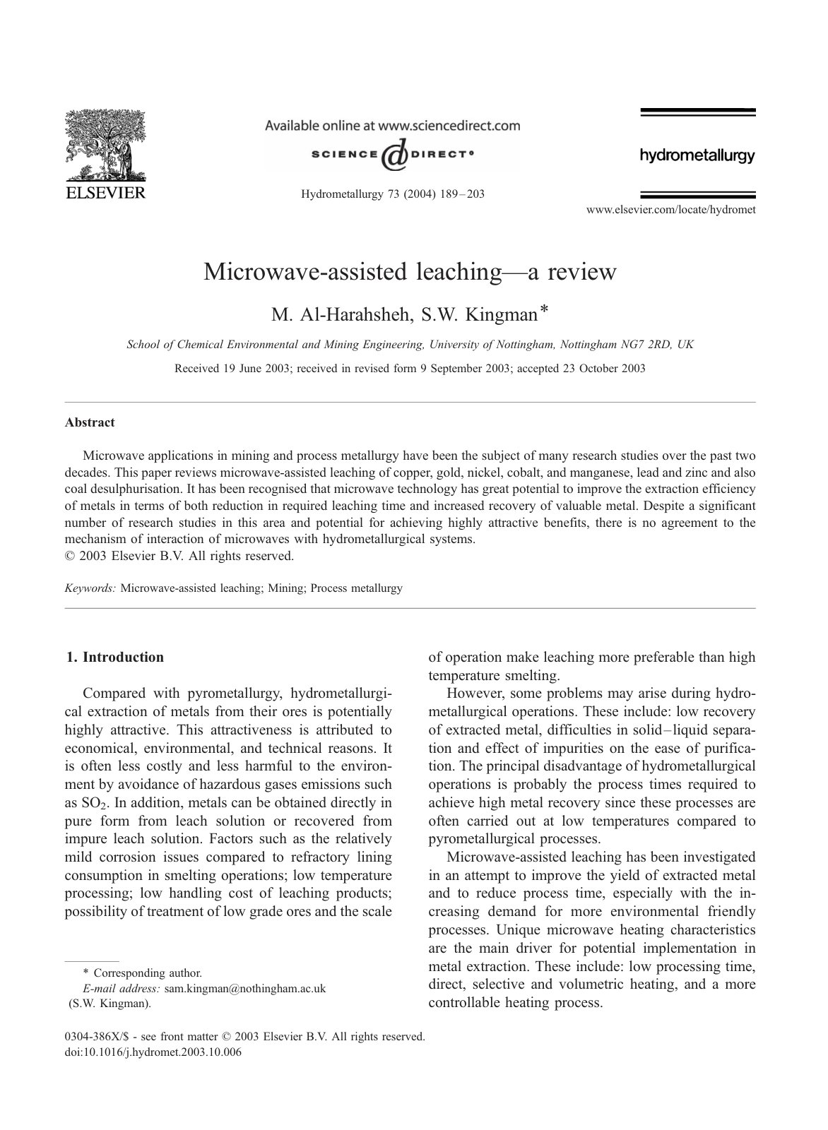 First page of Microwave assisted leaching a review