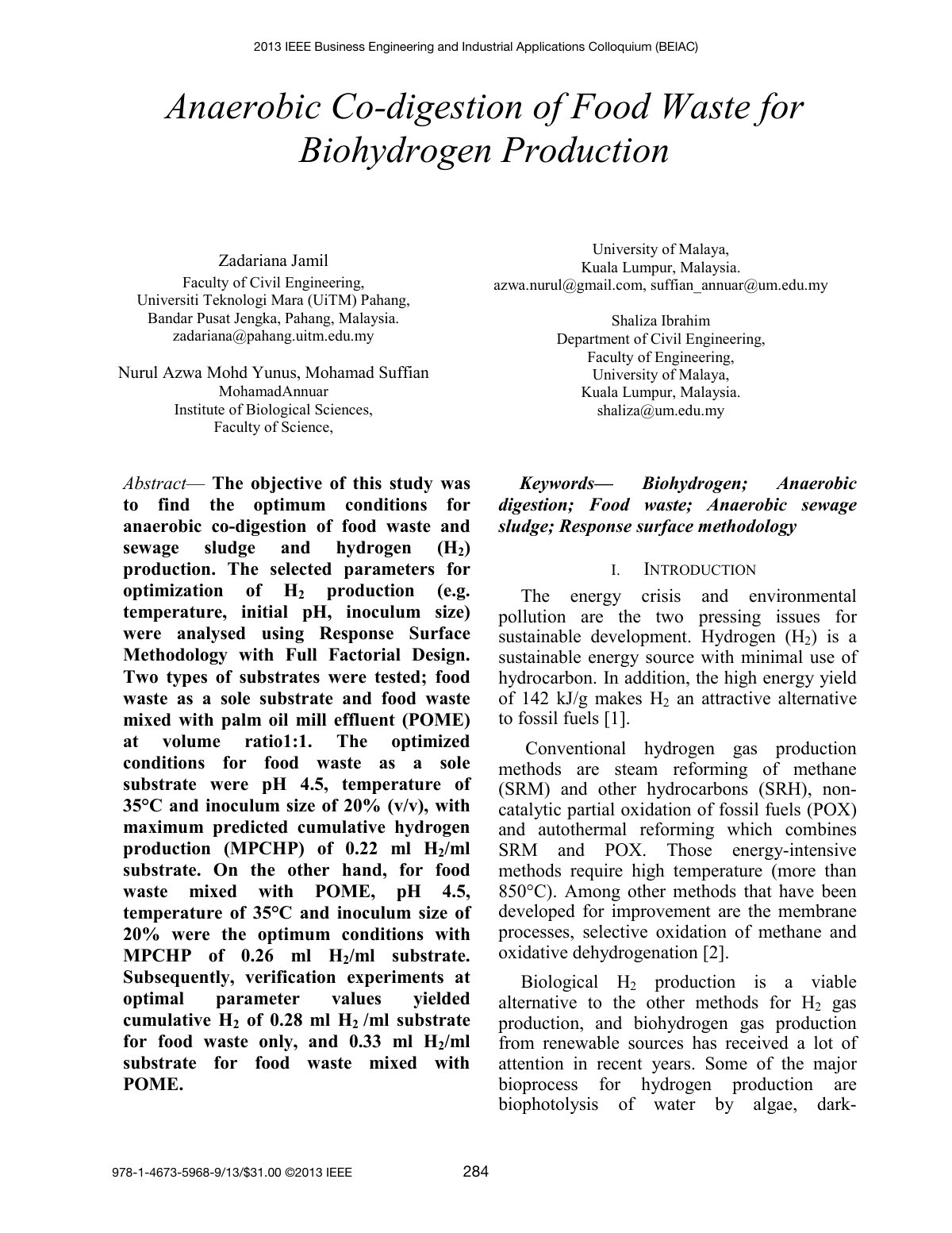First page of Anaerobic Co-digestion of Food Waste for Biohydrogen Production