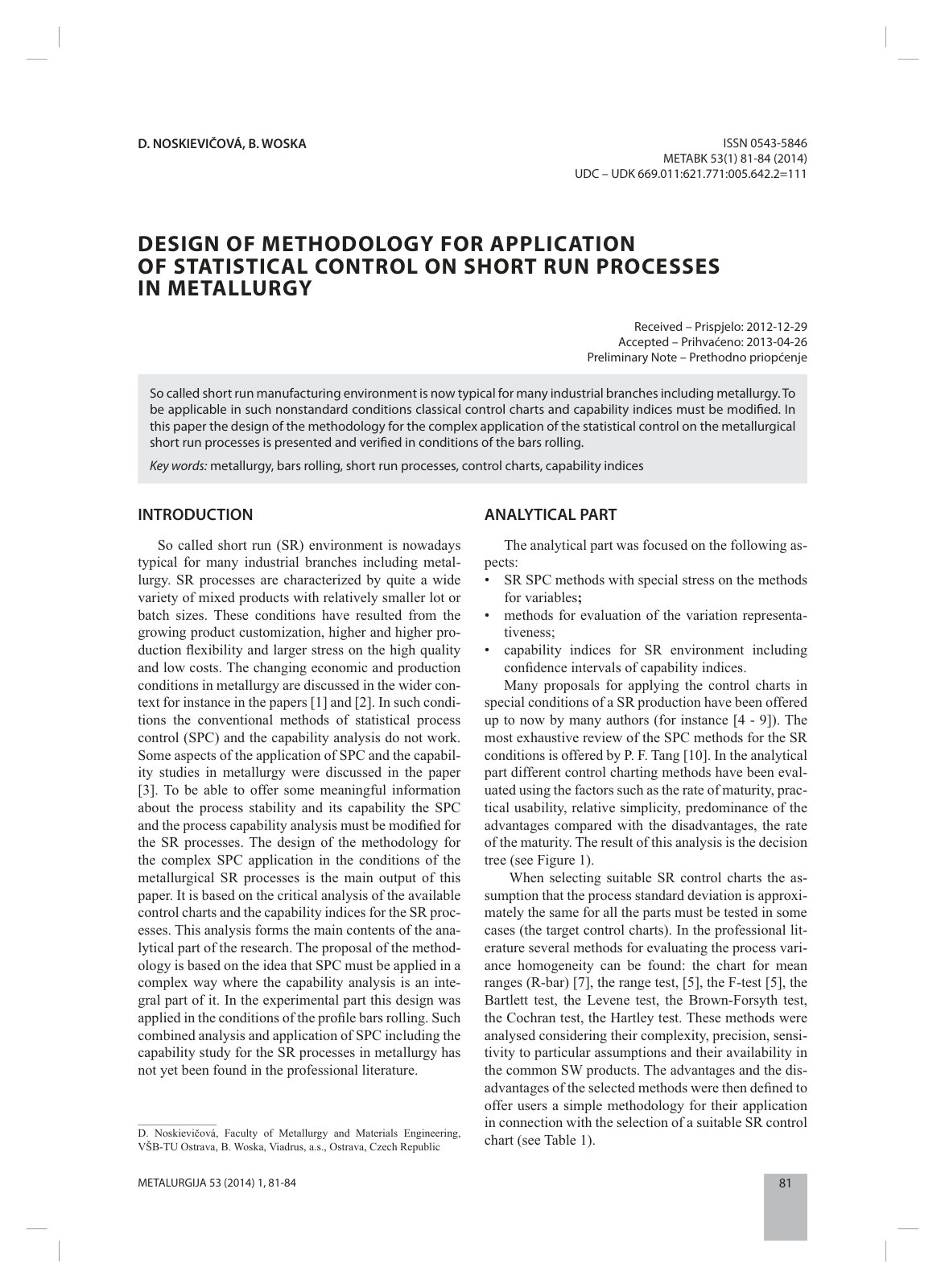 First page of DESIGN OF METHODOLOGY FOR APPLICATION OF STATISTICAL CONTROL ON SHORT RUN PROCESSES IN METALLURGY