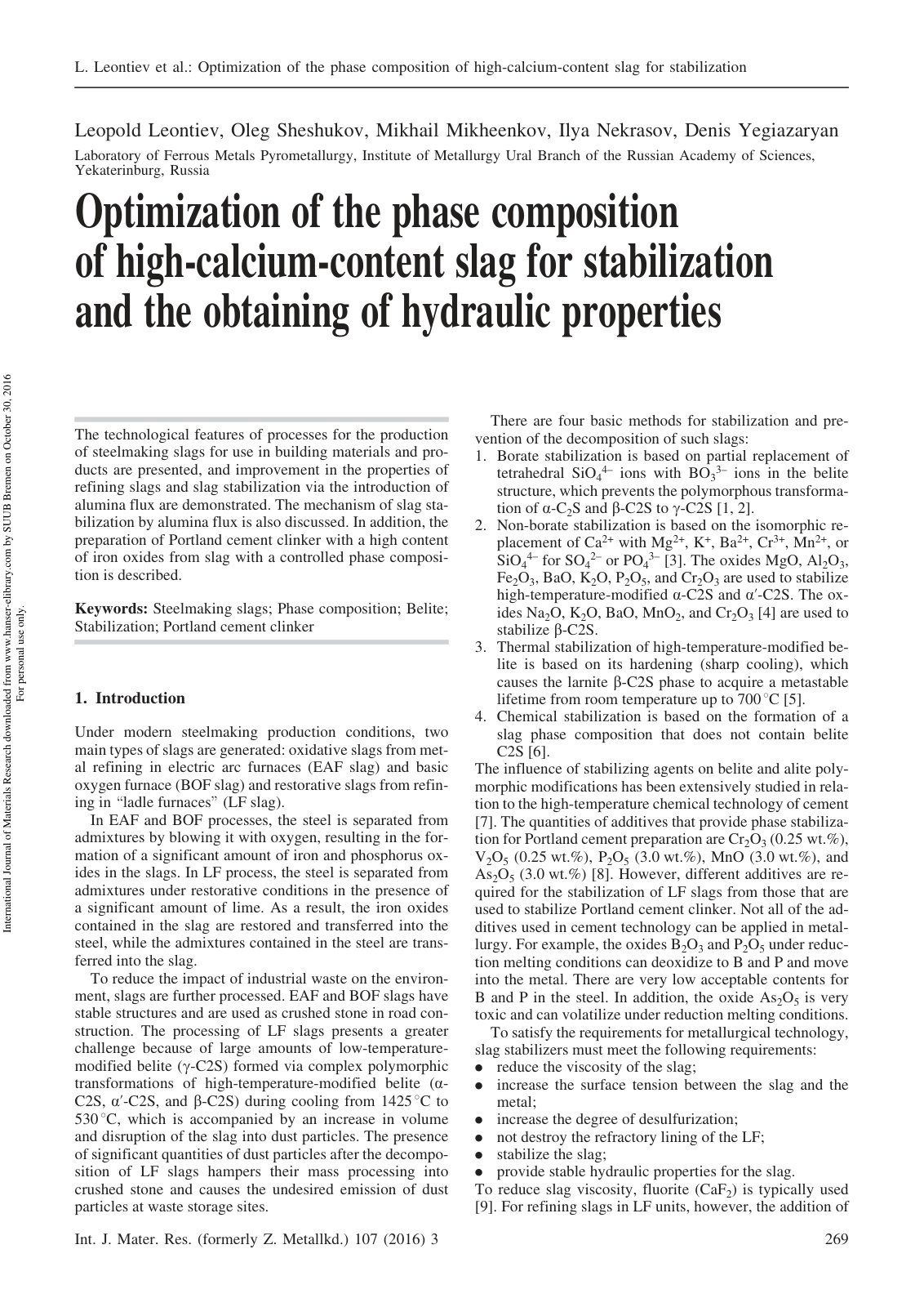 First page of Optimization of the phase composition of high-calcium-content slag for stabilization