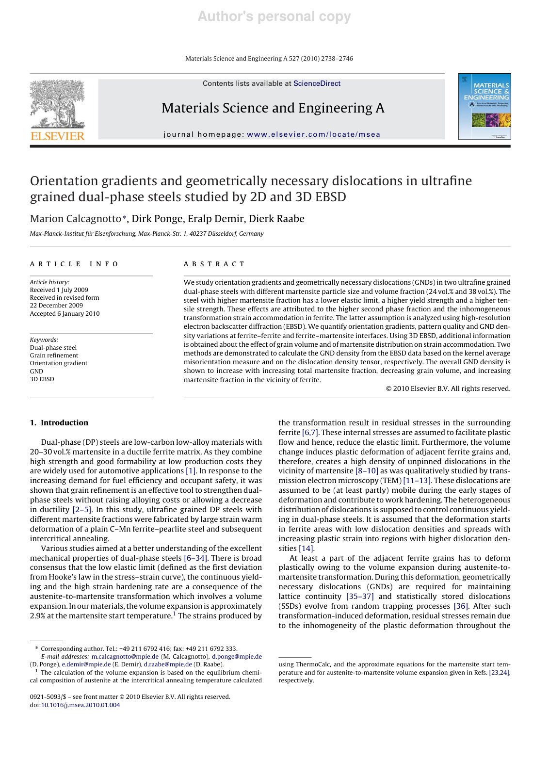 First page of Orientation gradients and geometrically necessary dislocations in ultraﬁne grained dual-phase steels studied by 2D and 3D EBSD