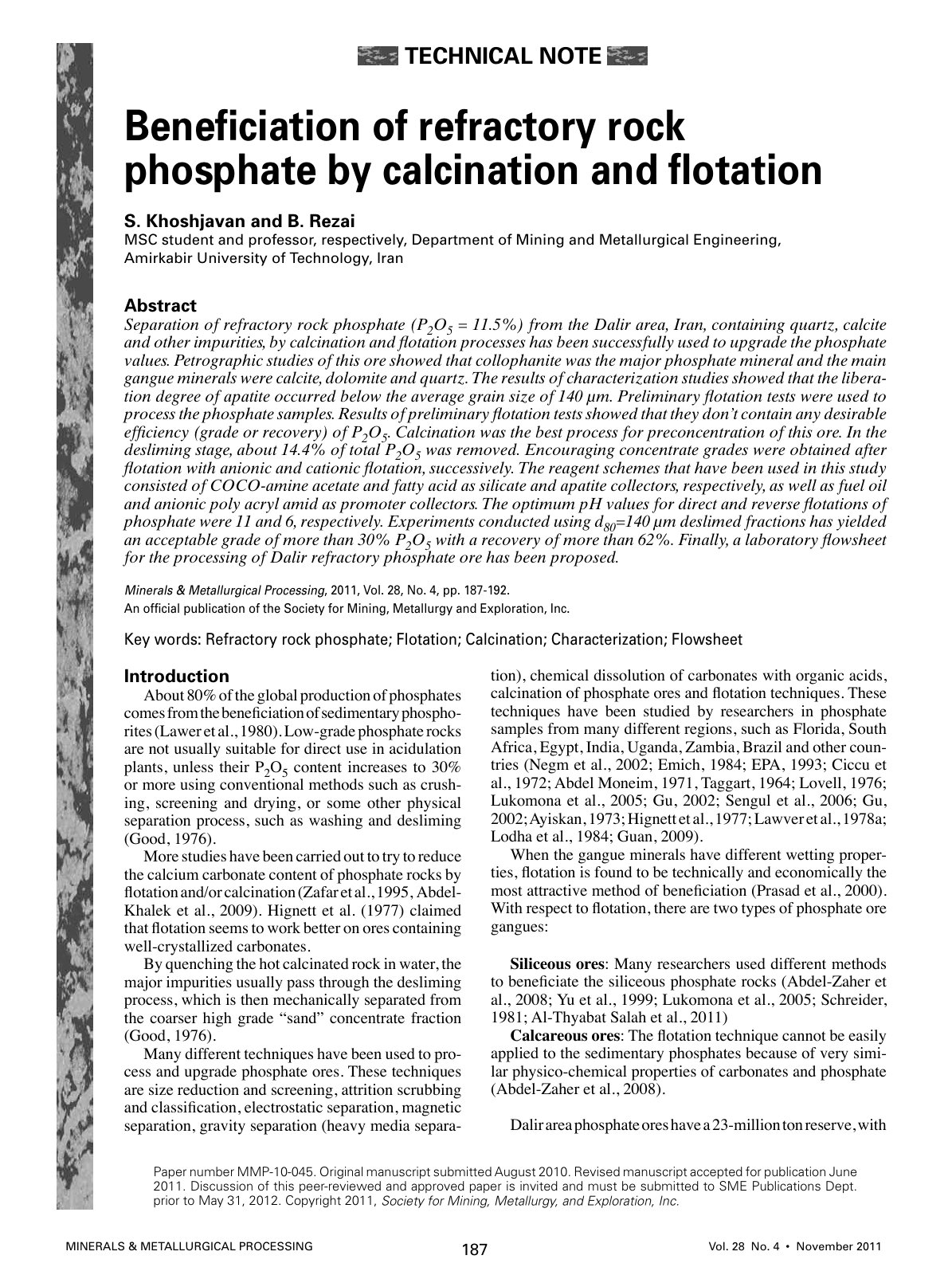 First page of Beneficiation of refractory rock phospha