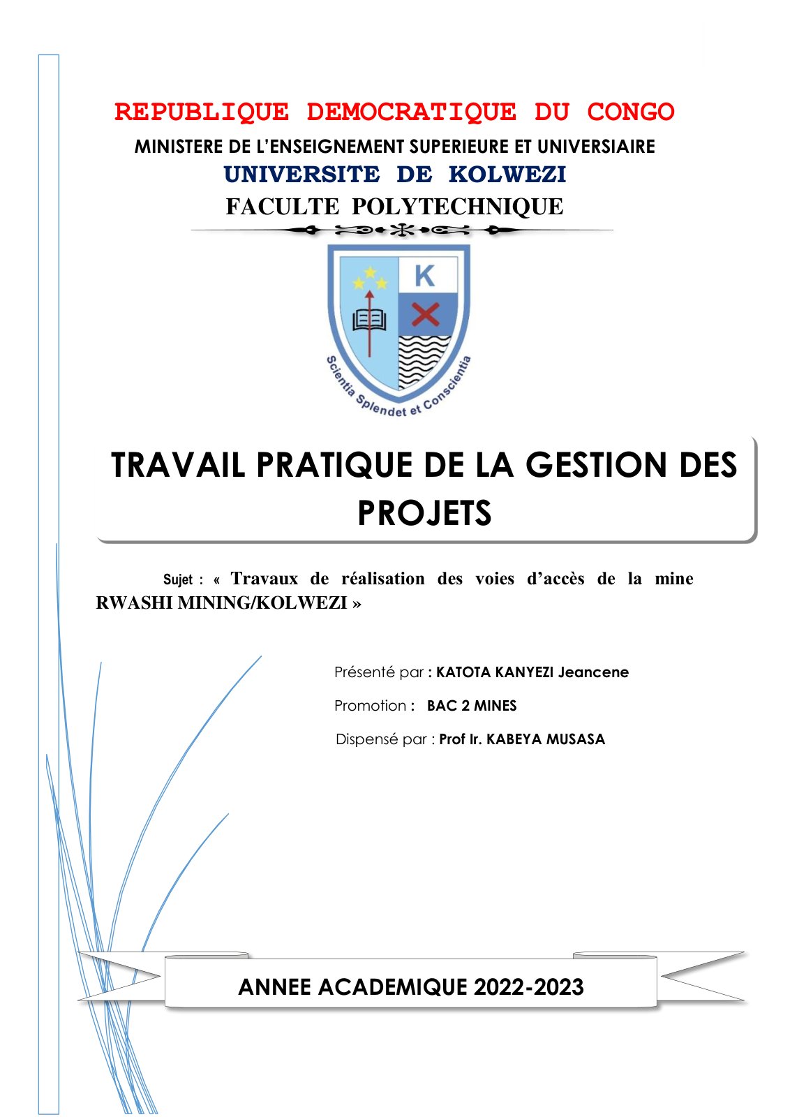 First page of PROJET KATOTA KANYEZI JEANCENE 