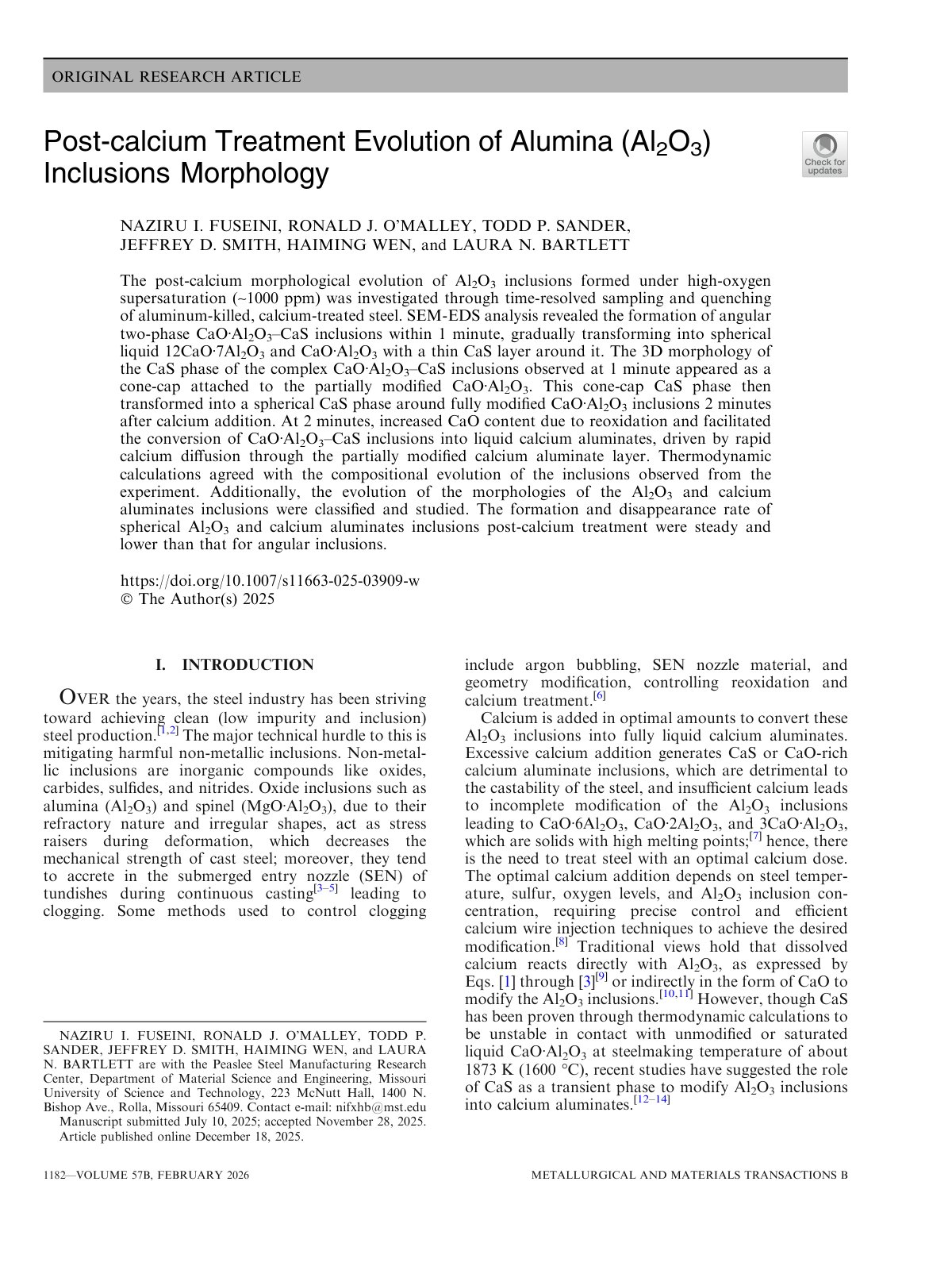 First page of Post-calcium Treatment Evolution of Alumina (Al 2O3) Inclusions Morphology