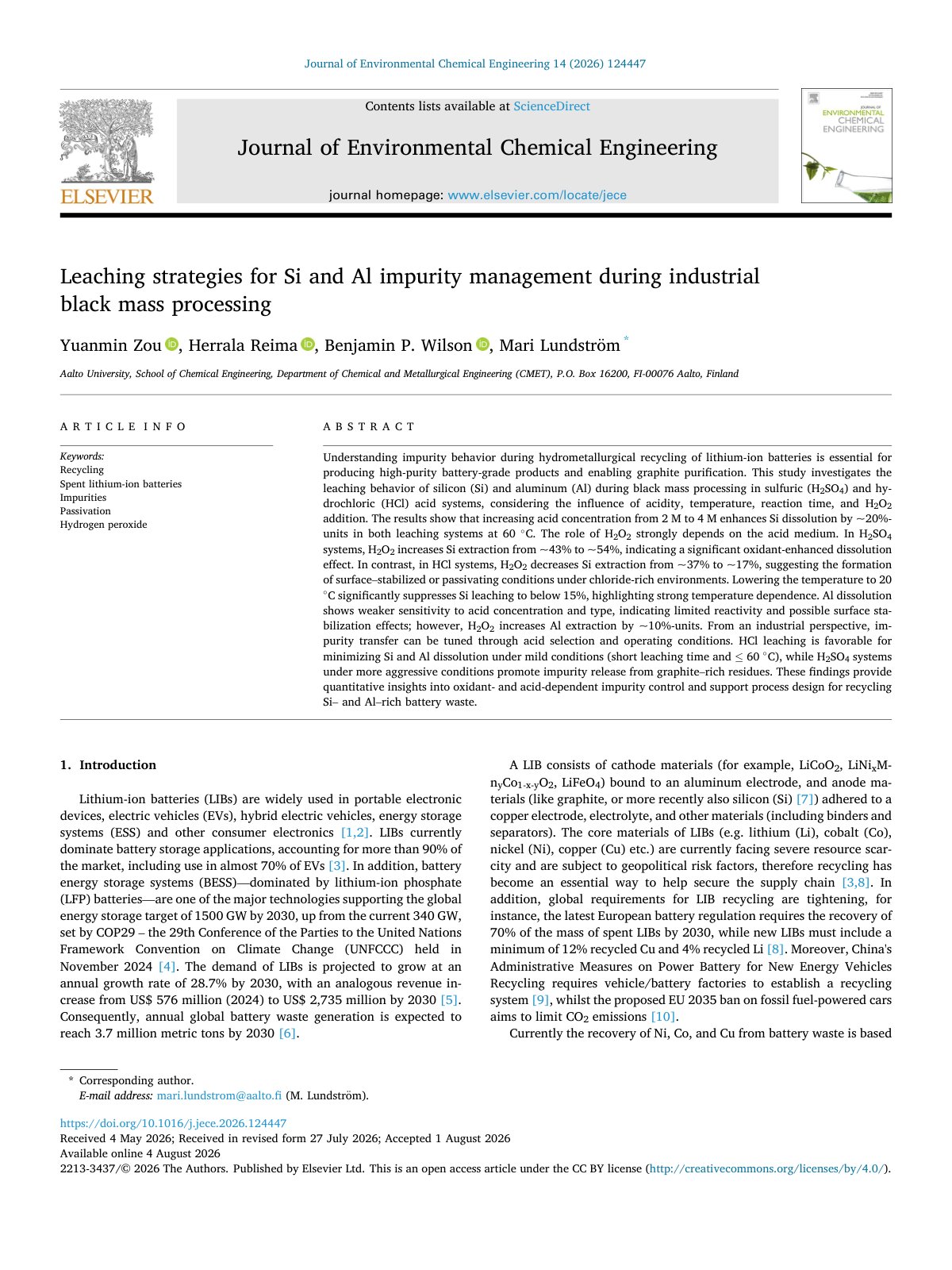 First page of Leaching strategies for Si and Al impurity manag 2026 Journal of Environment