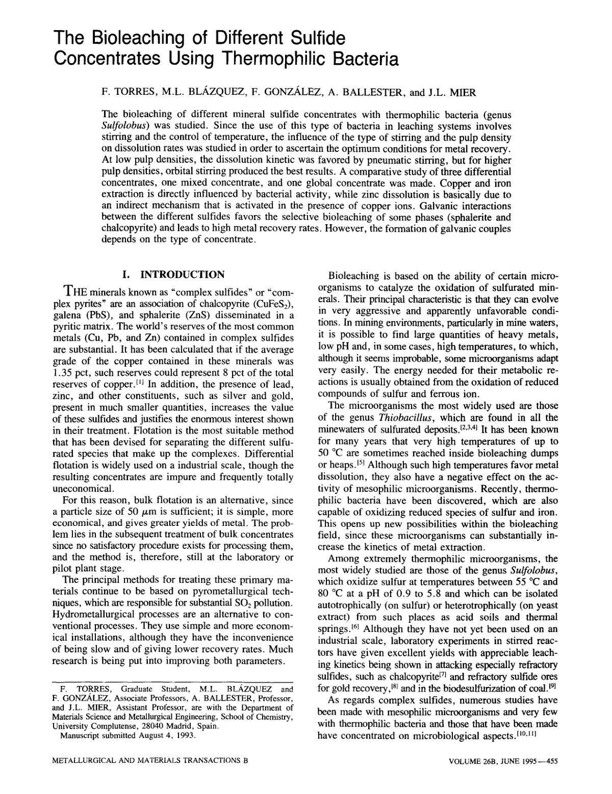 First page of The Bioleaching of Different Sulfide Concentrates Using Thermophilic Bacteria