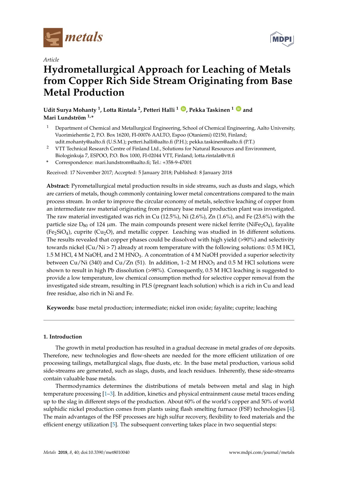 First page of 2018   Mohanty   Selective leaching of copper rich side stream