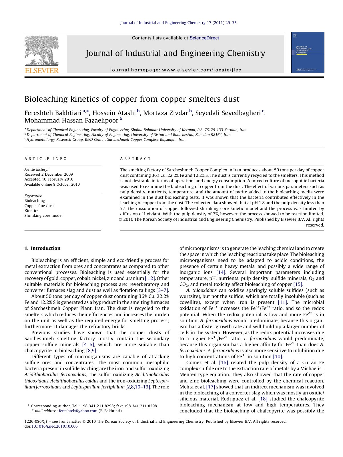 First page of Bioleaching kinetics of copper from copp