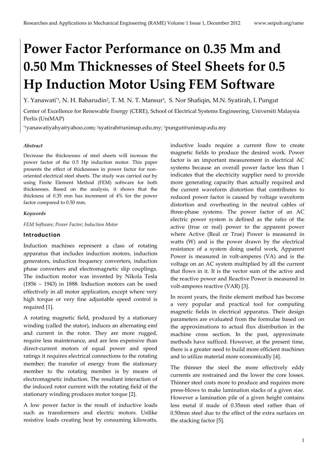 First page of Power Factor Performance on 0.35 Mm and 0.50 Mm Thicknesses of Steel Sheets for 0.5 Hp Induction Motor Using FEM Software