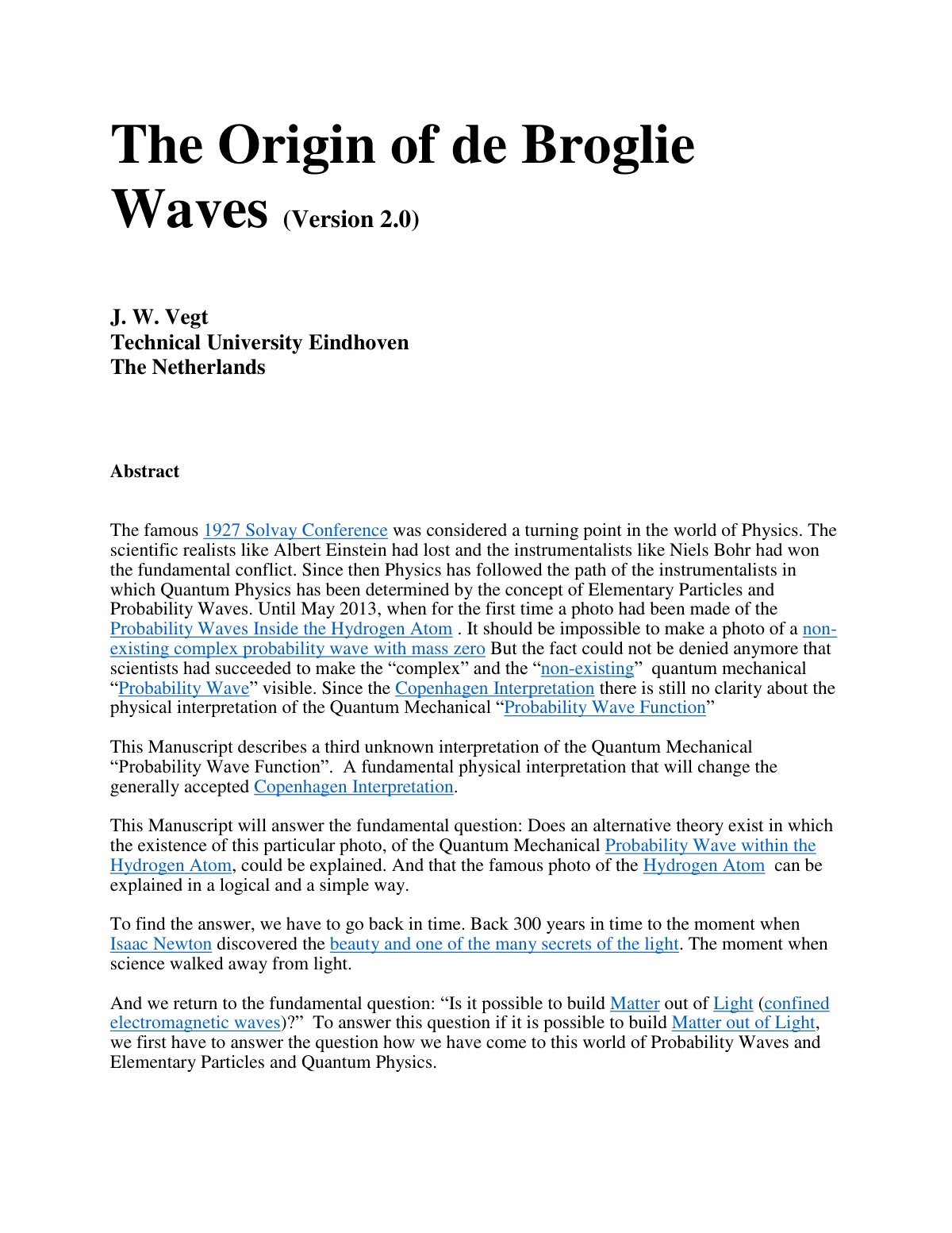 First page of The Origin of de Broglie Waves Version 2