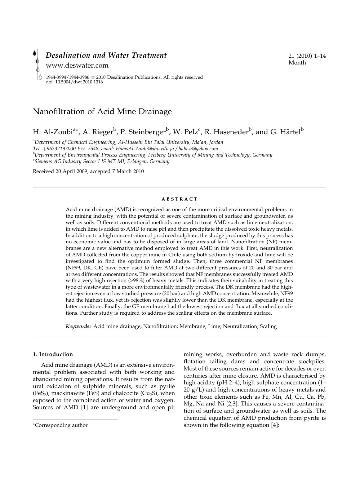 First page of Nanofiltration of Acid Mine Drainage