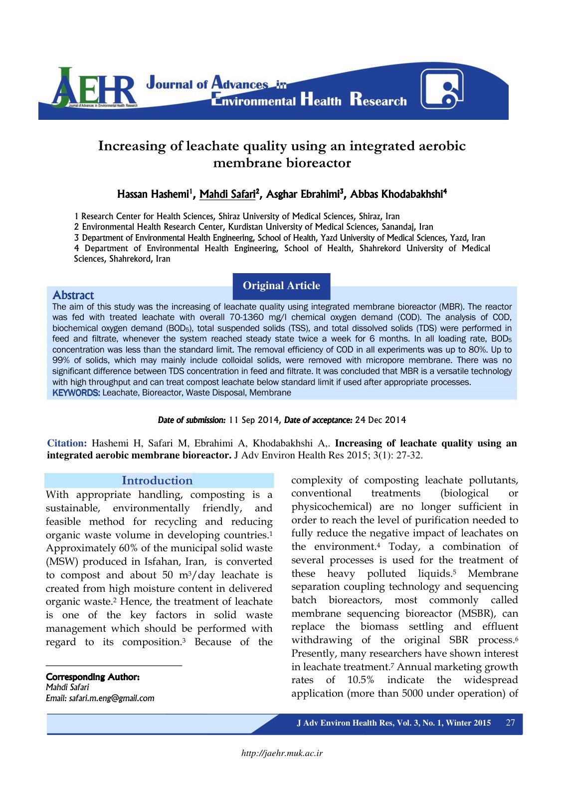 First page of Increasing of leachate quality using an