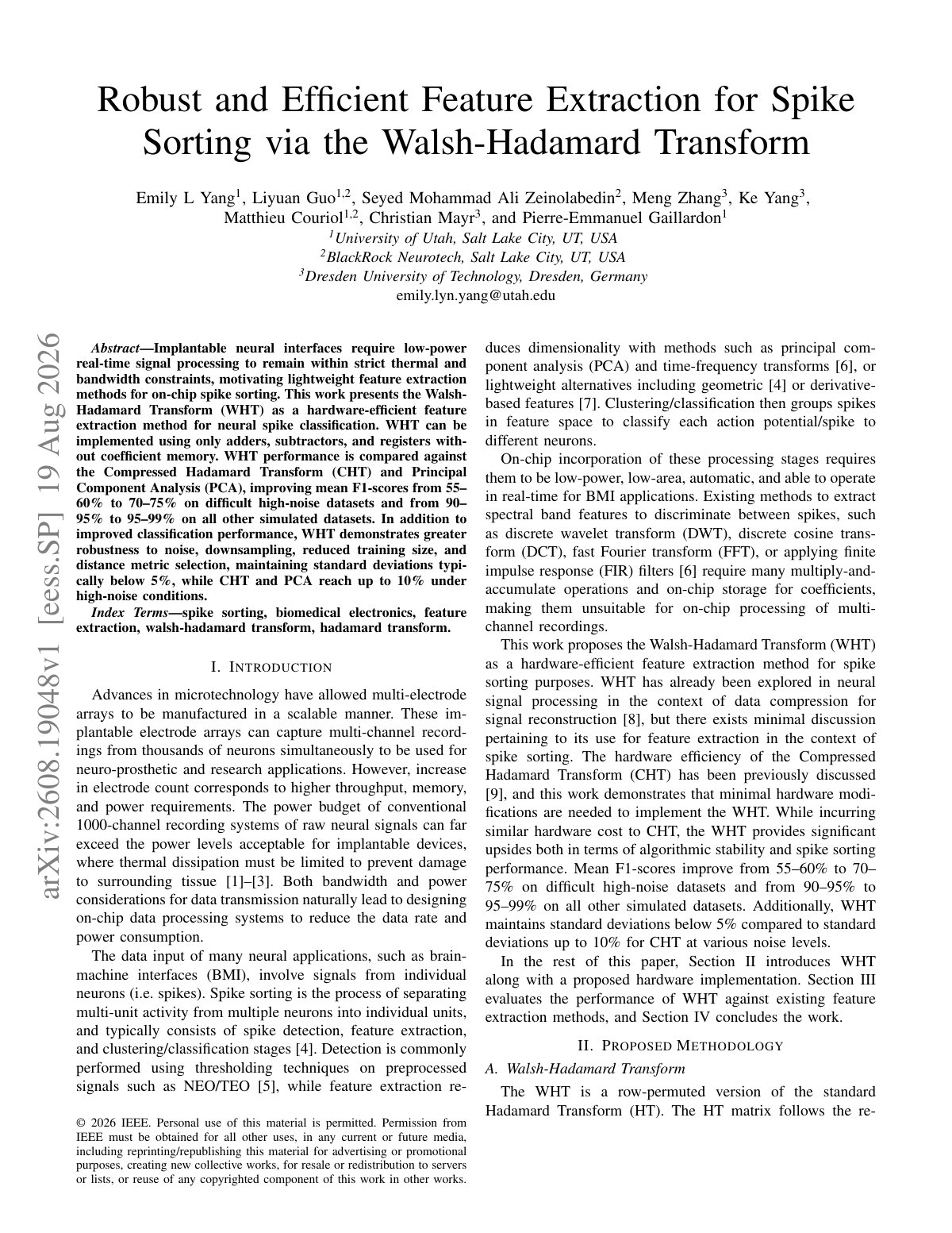 First page of Robust and Efficient Feature Extraction for Spike Sorting via the Walsh-Hadamard Transform