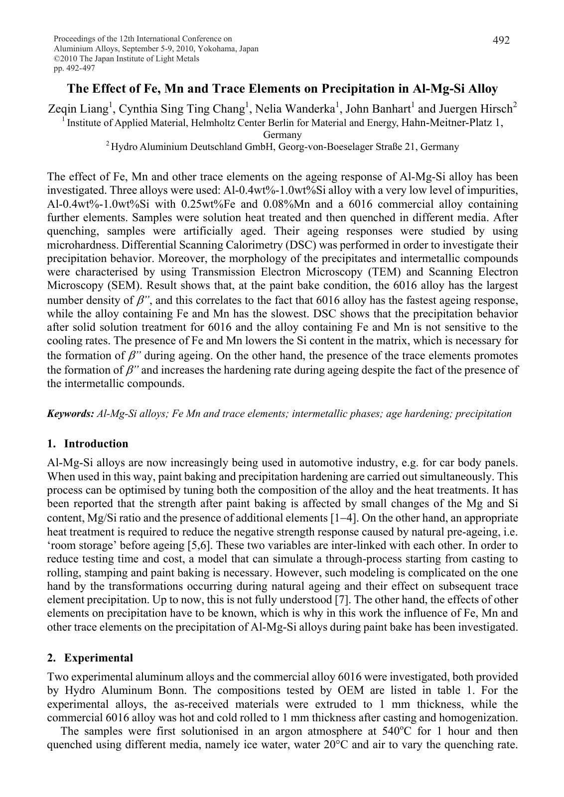 First page of The Effect of Fe, Mn and Trace Elements on Precipitation in Al-Mg-Si Alloy
