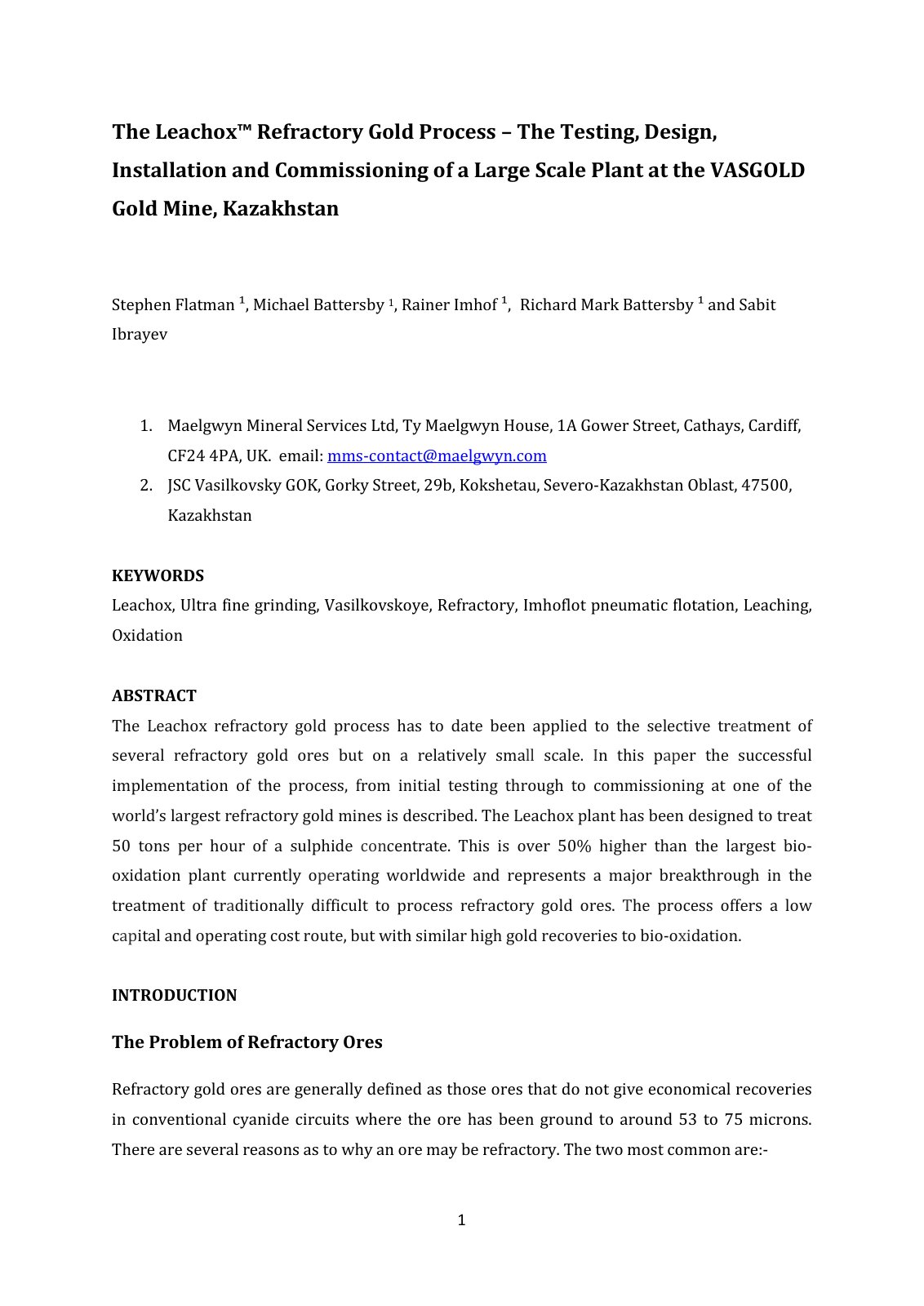 First page of Leachox Refractory Process