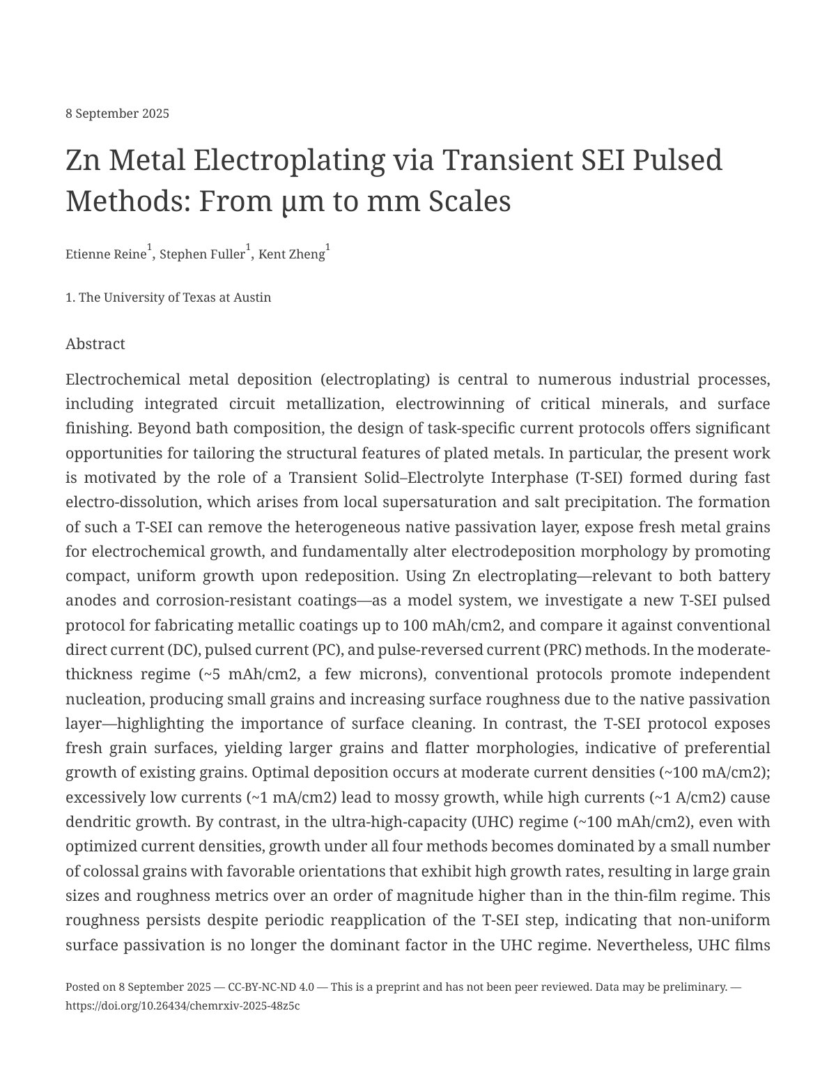 First page of Zn Metal Electroplating via Transient SEI Pulsed Methods: From µm to mm Scales