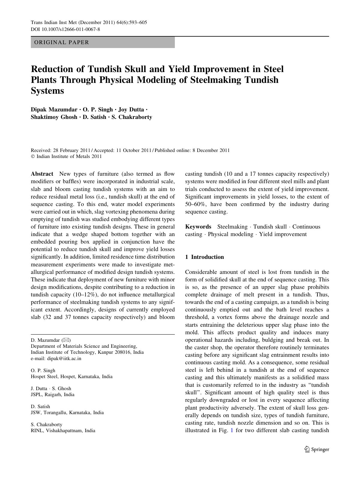 First page of Reduction of Tundish Skull and Yield Imp