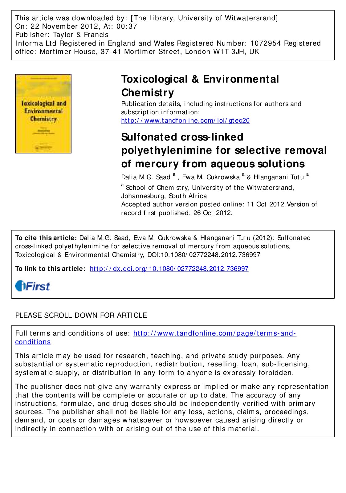 First page of Sulfonated cross-linked polyethylenimine for selective removal of mercury from aqueous solutions