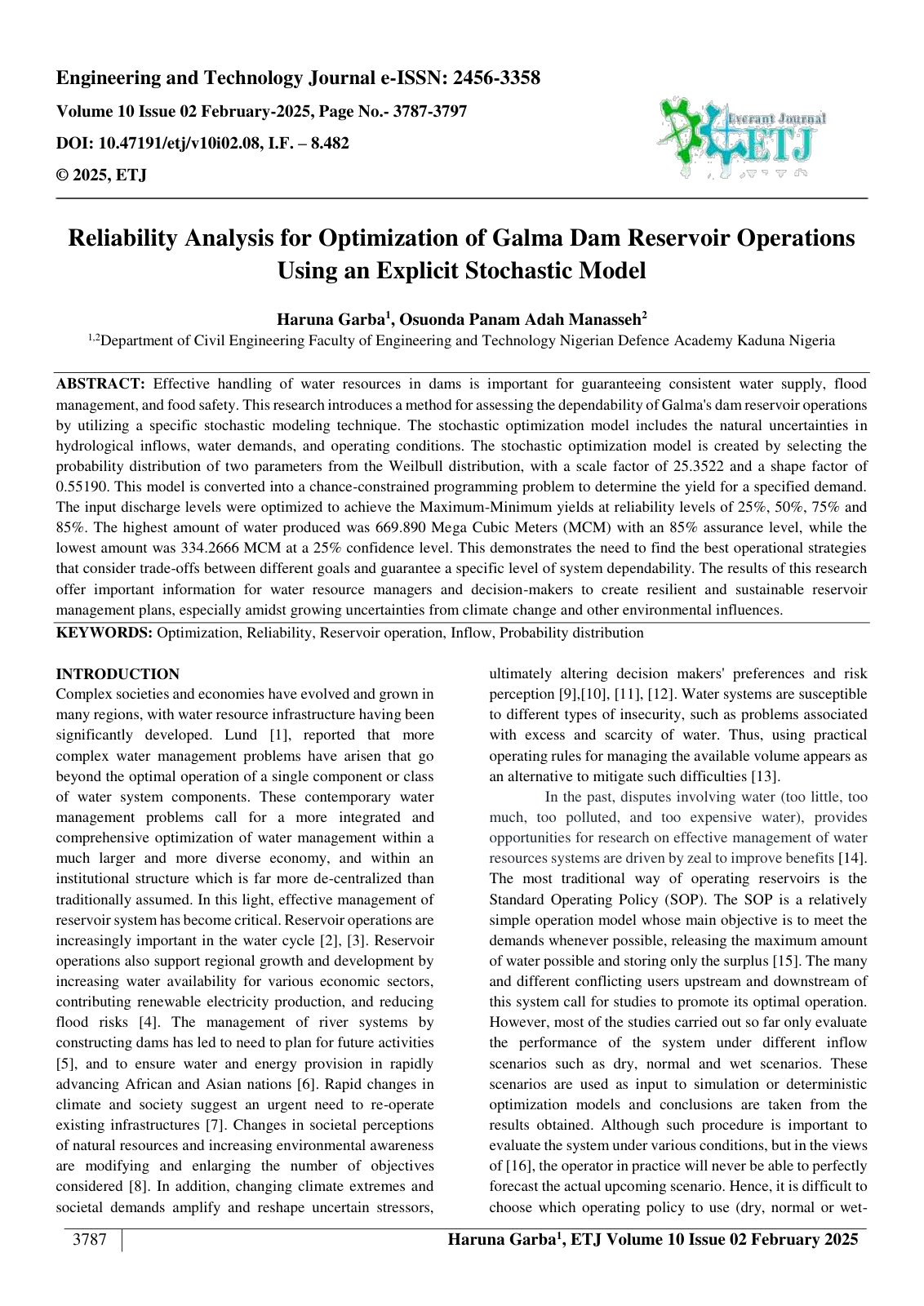 First page of Reliability Analysis for Optimization of Galma Dam Reservoir Operations  Using an Explicit Stochastic Model  