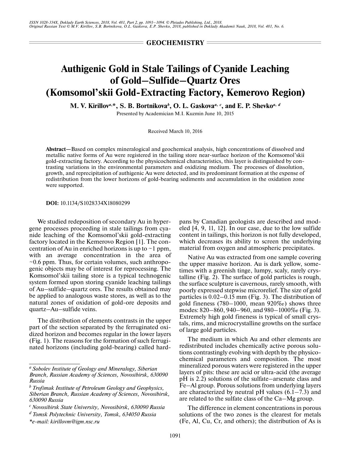 First page of Authigenic Gold in Stale Tailings of Cya
