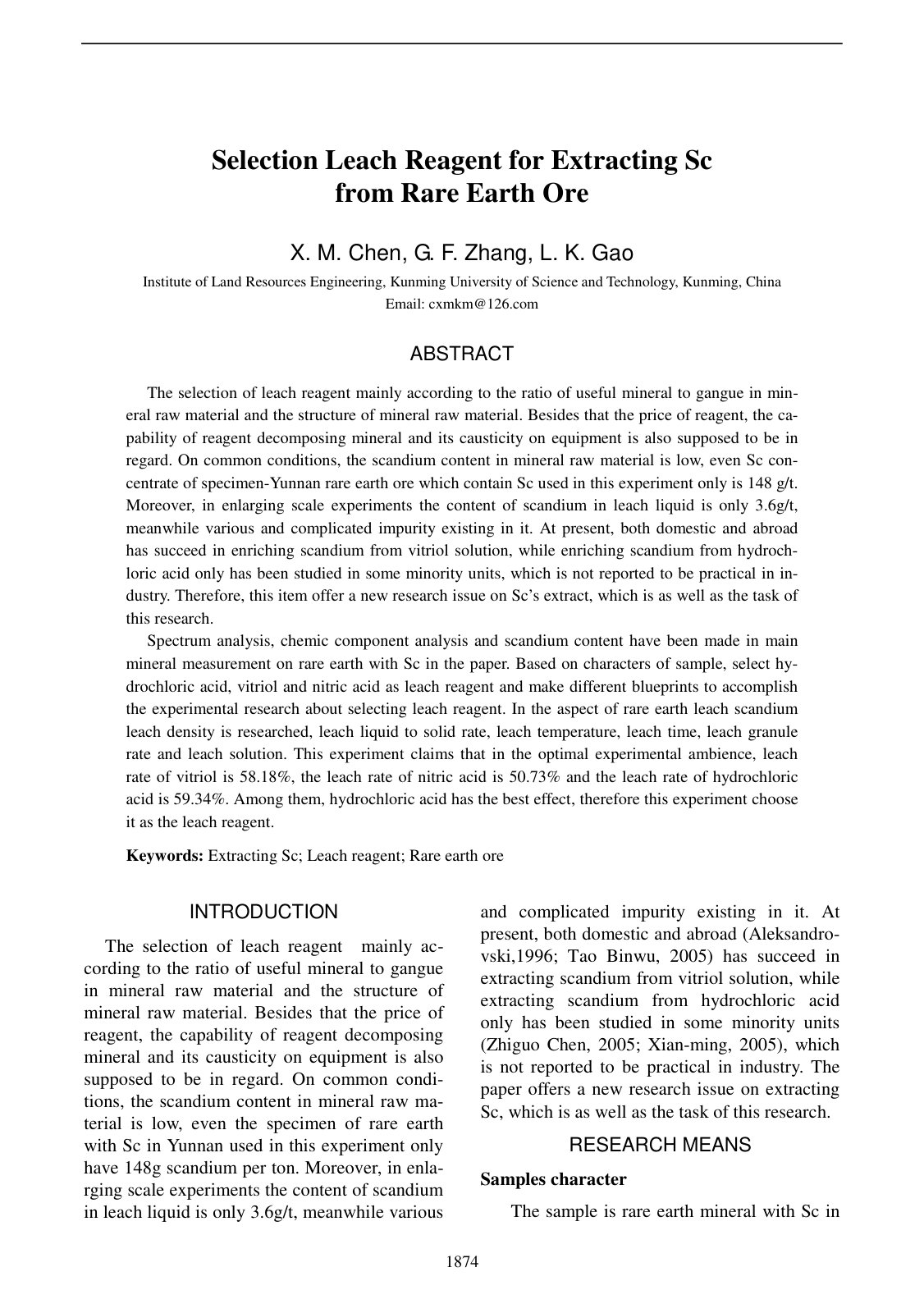 First page of Selection Leach Reagent for Extracting Sc from Rare Earth Ore