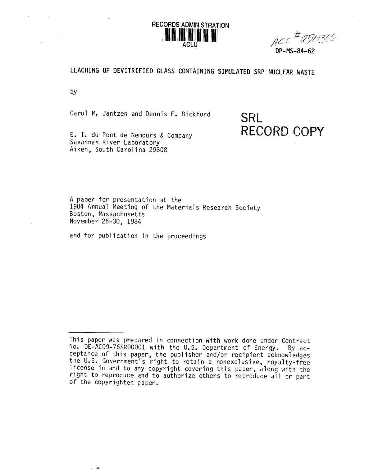First page of Leaching of Devitrified Glass Containing